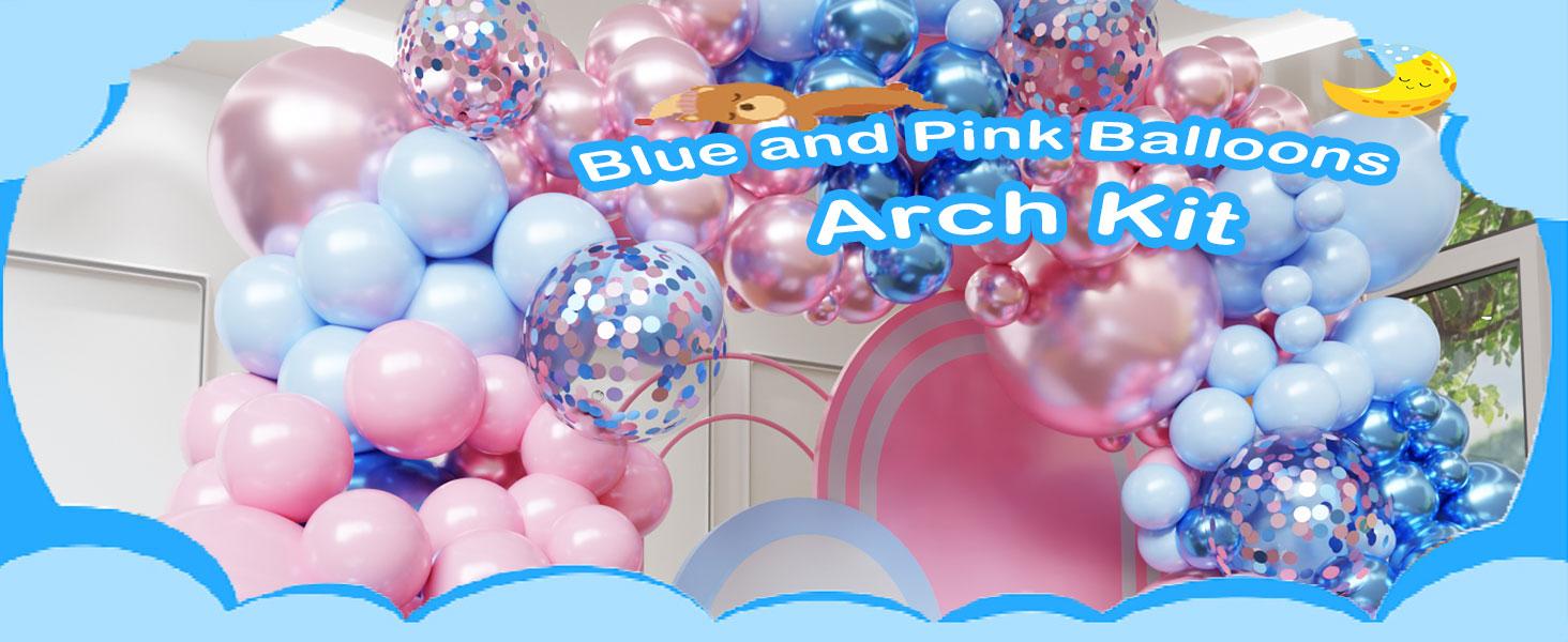 102-Piece Pink and Blue Balloon Arch Kit, Metallic & Confetti Latex Balloons in Different Sizes, 16ft Tape Strip & Dot Glue for Baby Shower, Birthday, New Year Decorations
