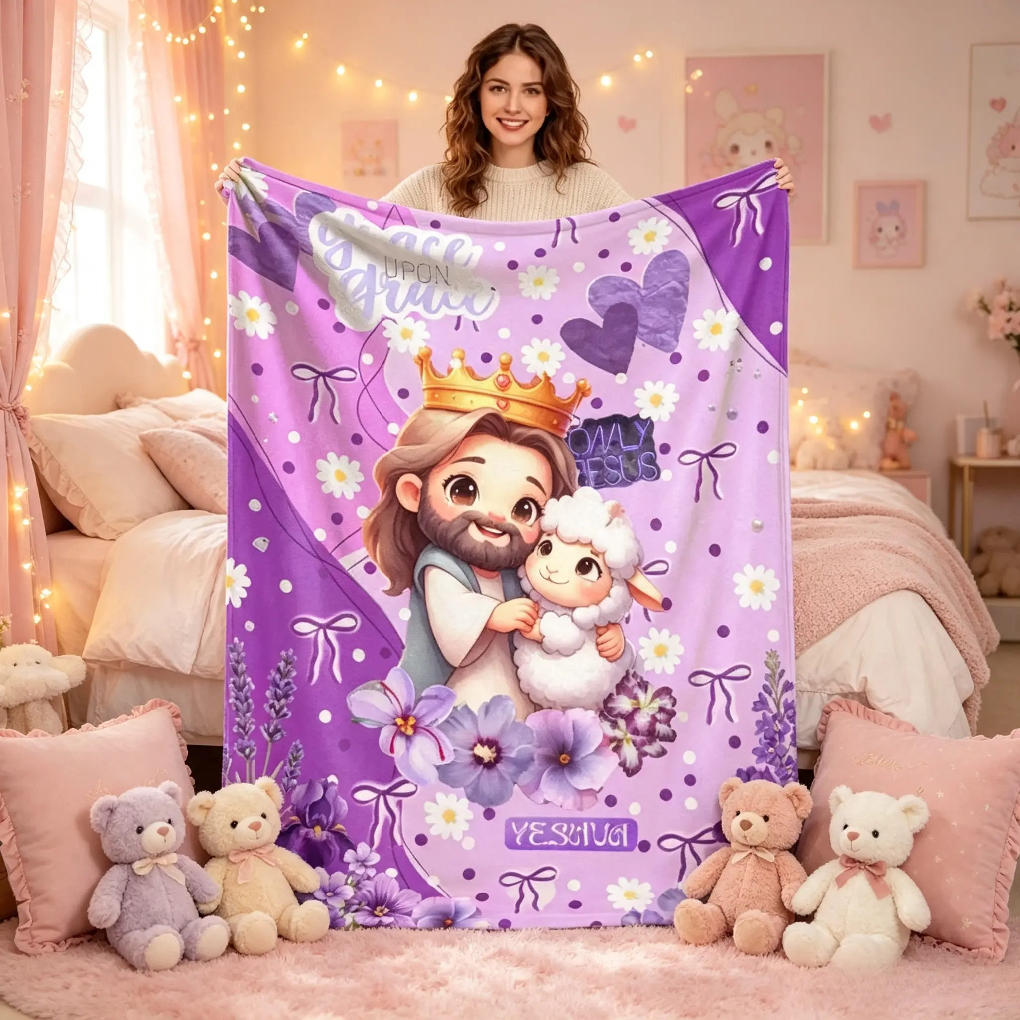 Amen  Jesus Lamb Grace Upon Grace Purple Floral Catholic Christian Flannel Throw Blanket, Soft Cozy Lightweight Religious Faith Blanket, Bedroom Living Room Decor, Inspirational Birthday Christmas Holiday Gift for Christian Believers TikTok Viral Amazon