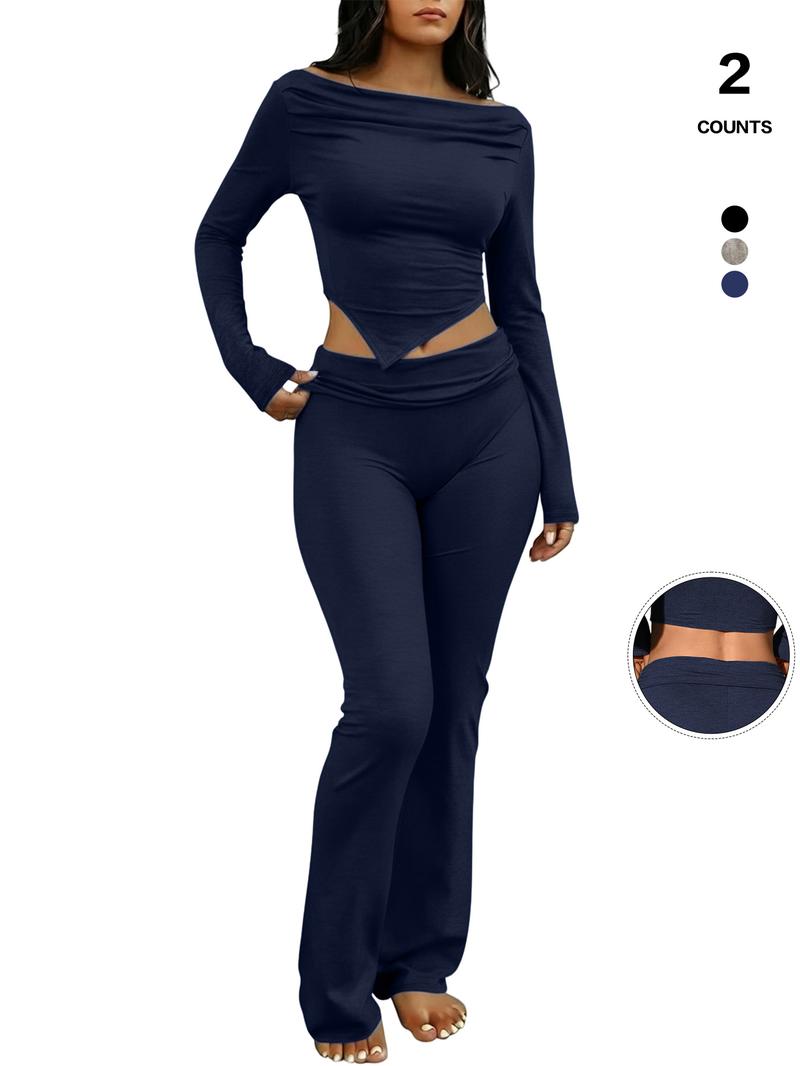 Women's Two-Piece Casual Set, Long-Sleeved Draped Neckline, Off-The-Shoulder Crop Top, Asymmetrical Hem, Flared Trousers, Everyday Wear
