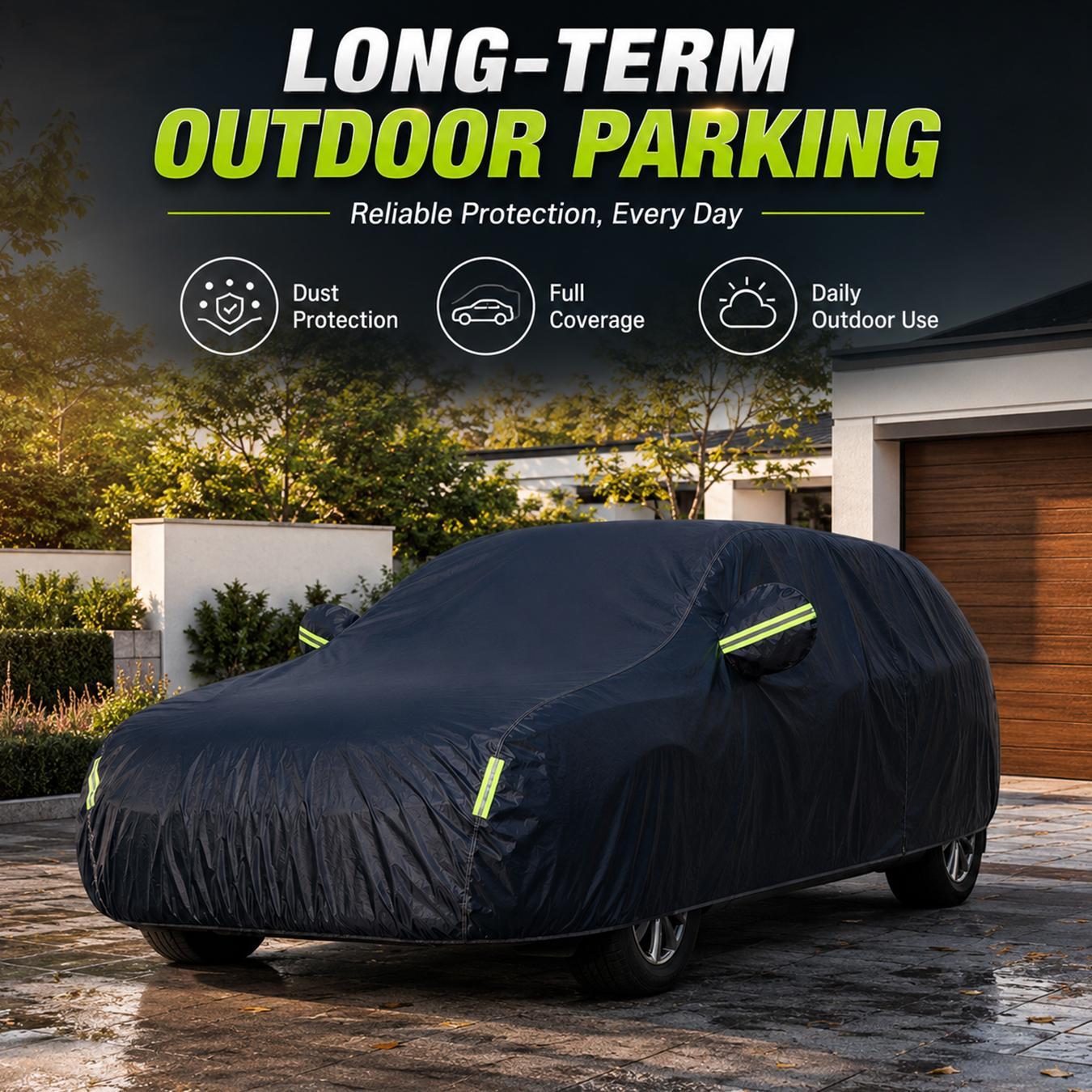 Weatherproof Car Cover with Reflective strip,Outdoor Full Coverage Heavy duty Thick Fabric (190t), Outdoor All Weather Windproof Scratch-Resistant,Heat-Resistant,Fits Various Cars,Dustproof UV protection car cover, Long-Term Outdoor Parking