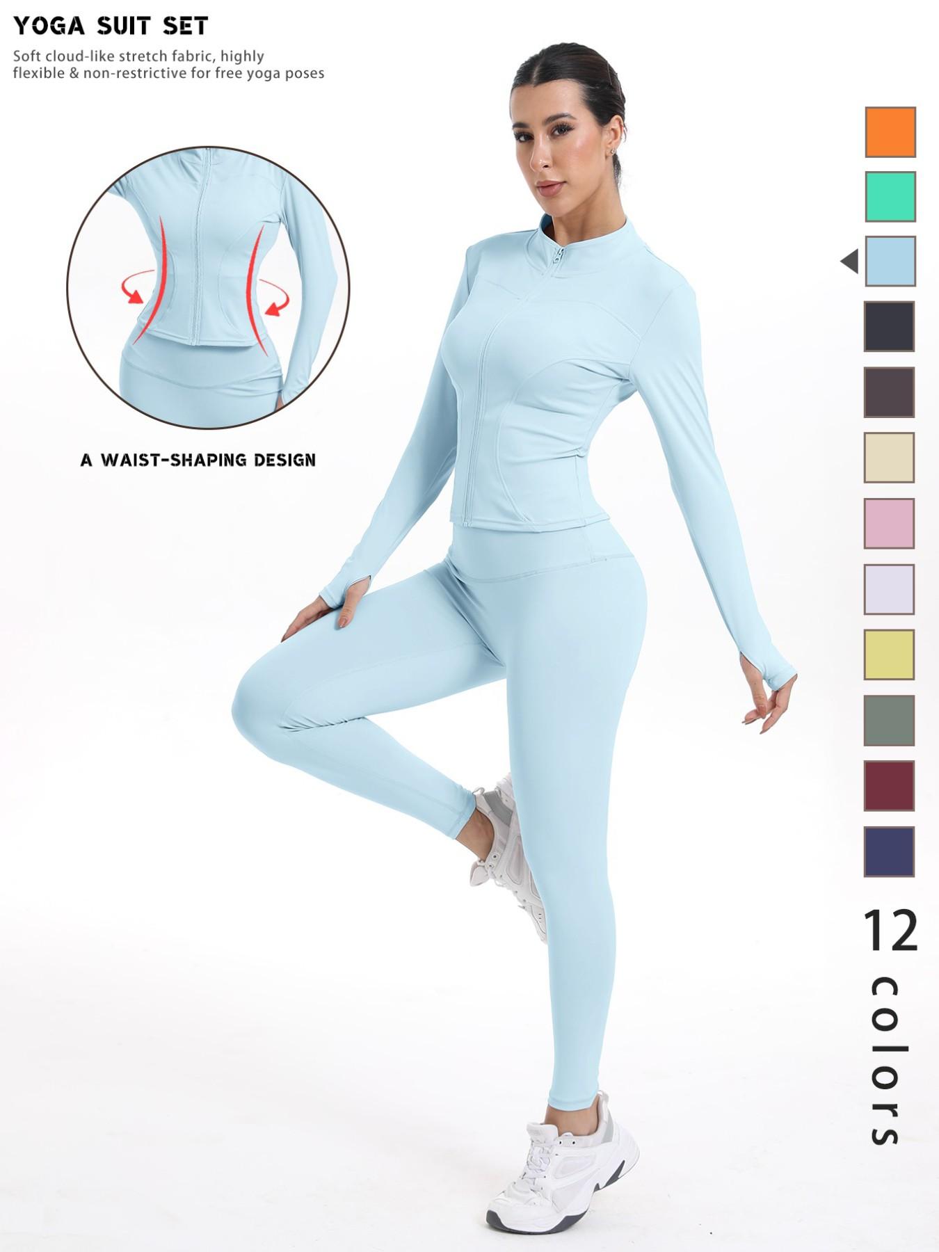 Women's Sporty Quick-Dry Two-Piece Set, New Fashion Slim Fit Yoga Pants, High Elasticity Long Sleeve Top, 12 Colors Available
