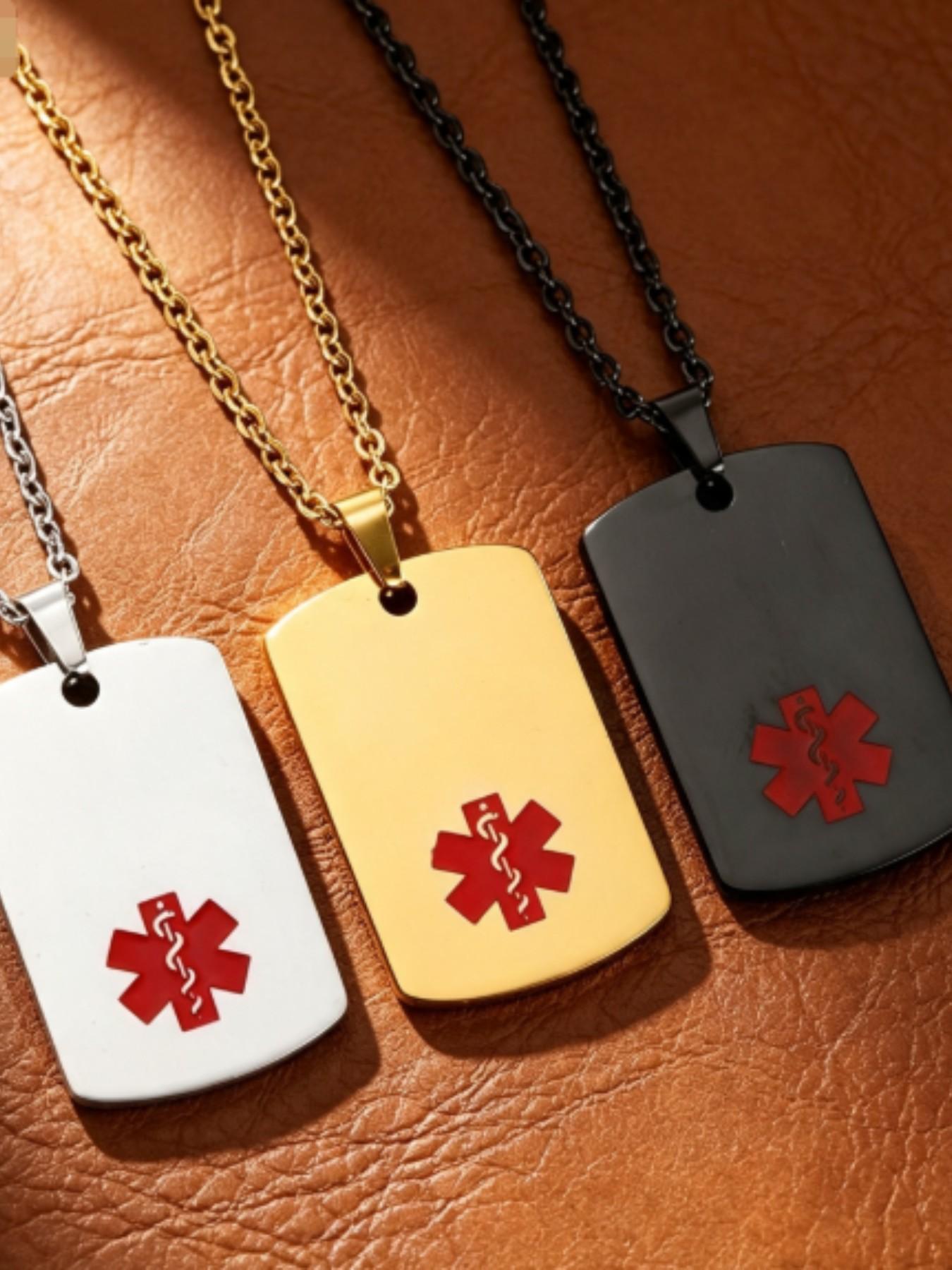 Medical Symbol Snake Staff Square Tag Dog Tag Pendant Titanium Steel Necklace, Elegant Medical Accessory Jewelry