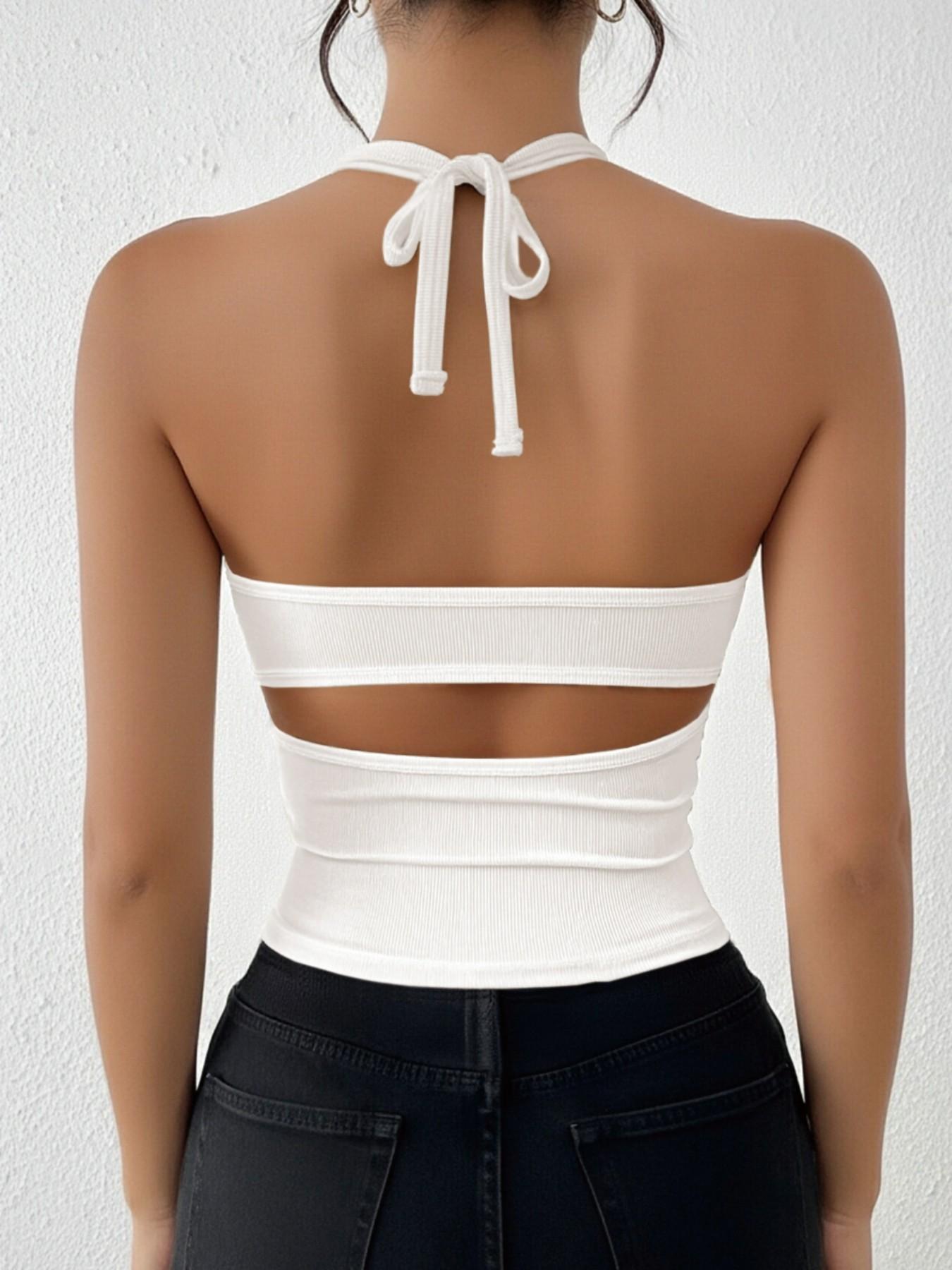 Women's Halter Neck Backless Crop Top, Tie-Up Back Ribbed Camisole, Slim Fit Sleeveless Tank for Summer, Streetwear & Date