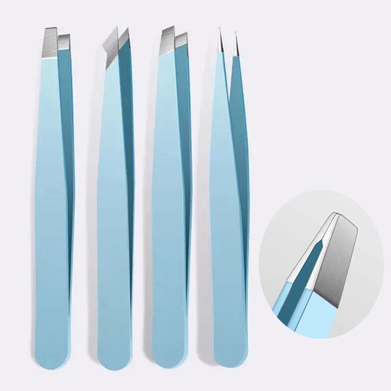 4-Piece Eyebrow Tweezers Set, Stainless Steel Slant Tip Tweezers for Men & Women, Precision Grooming Tool Kit, Eyebrow Styling Kit, Cosmetic Makeup Tool, Single Item Pack