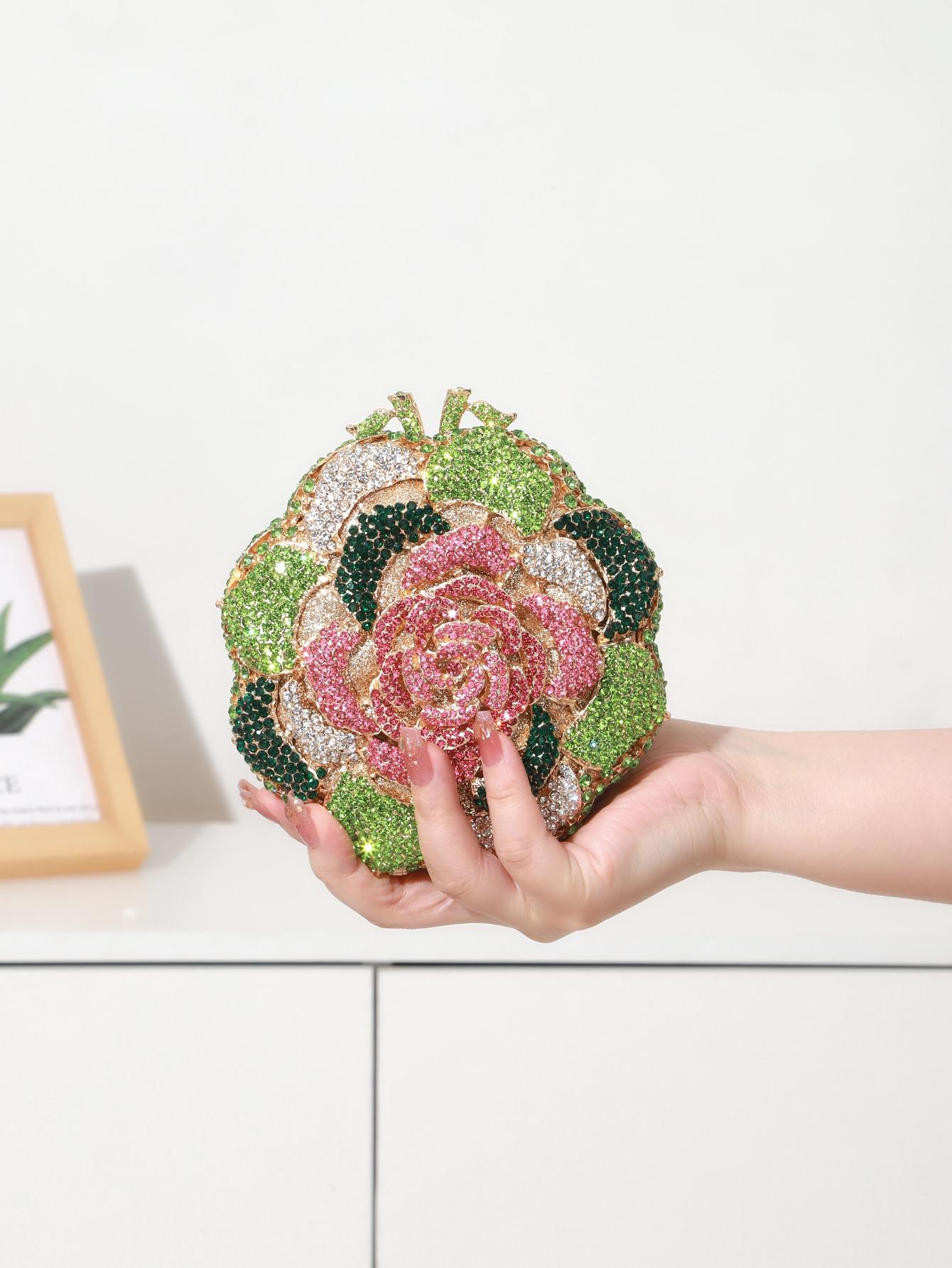 1pc Mini Elegant Clutch Bags Rhinestone Flower Design Evening Purses For Party&Prom,Luxury Metal Crystal Handmade Clutch Bags For Women,Full Diamond Dinner Clutches Novelty/Glitter Handbags For Wedding Bride/Gifts