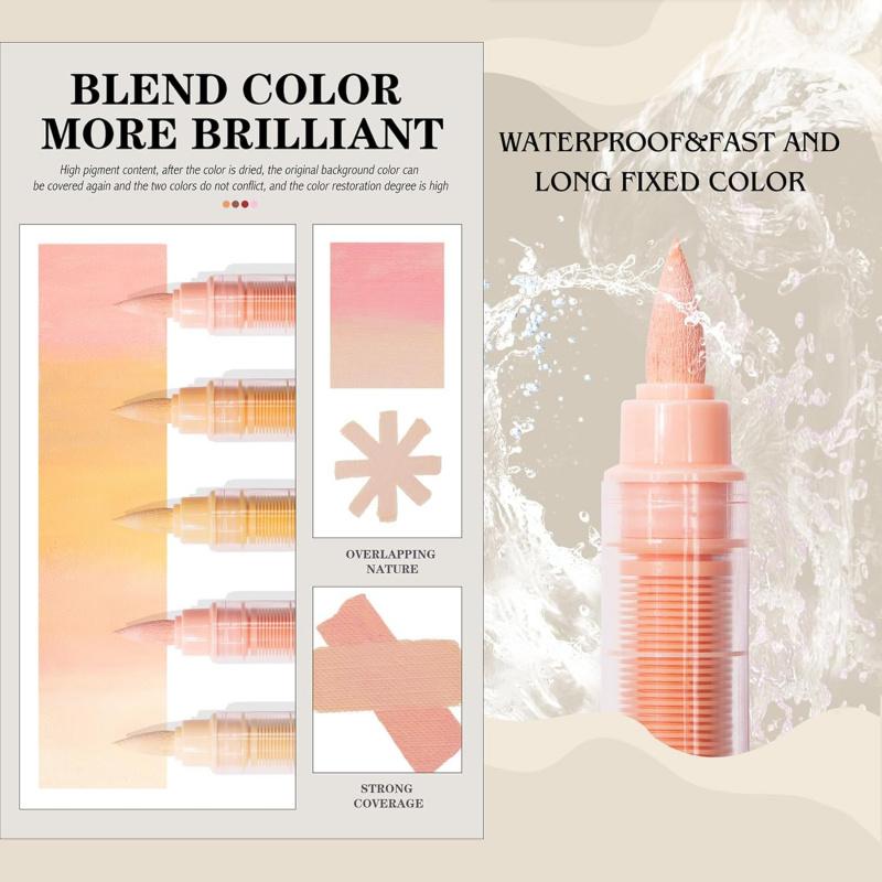 Guangna Skin Tone Macaron Color Acrylic Paint Art Markers, Brush Tip Set for Paper Wood Rock Glass Plastic Metal Canvas Comic Coloring Art Supplies