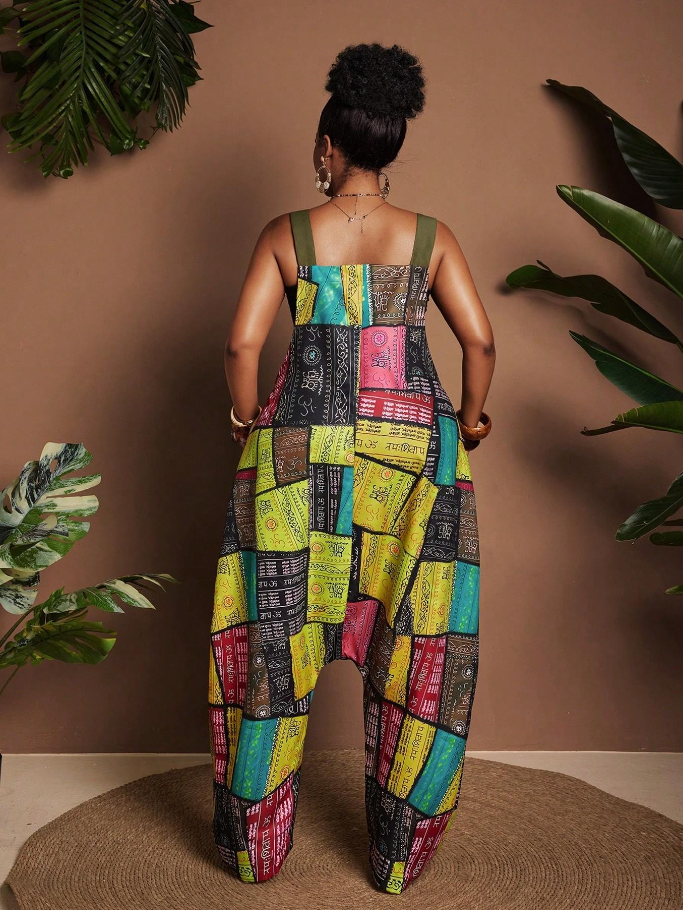 Plus Size Patchwork Print Sleeveless Loose Harem Pocket Jumpsuit, Comfortable and Stylish Design, Perfect for Casual Wear