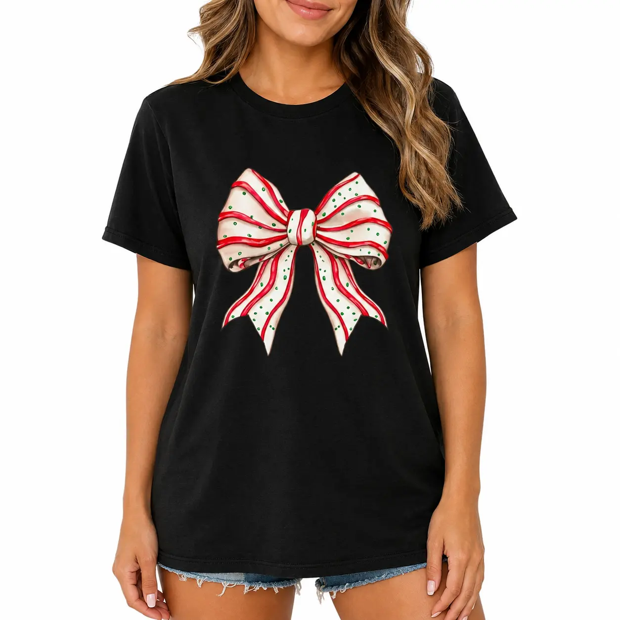 Women's "Sweet as Christmas Bow" Graphic Short-Sleeve Crew Neck T-Shirt, Festive Holiday Xmas Vibe Casual Daily Top