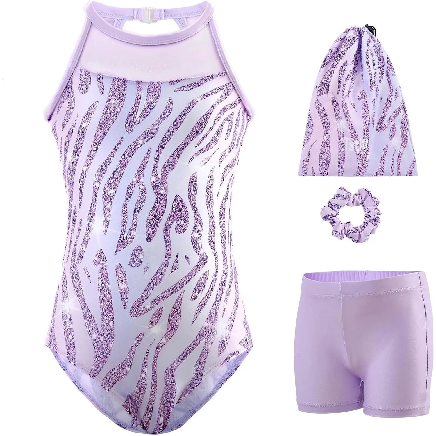 Girls' Sleeveless Stretchy Gymnastics Leotard 4-Piece Set, Clasp Back, for 3-12 Years, Includes Leotard, Shorts, Scrunchie, Storage Bag, Mesh Accents, Stretchy Fabric