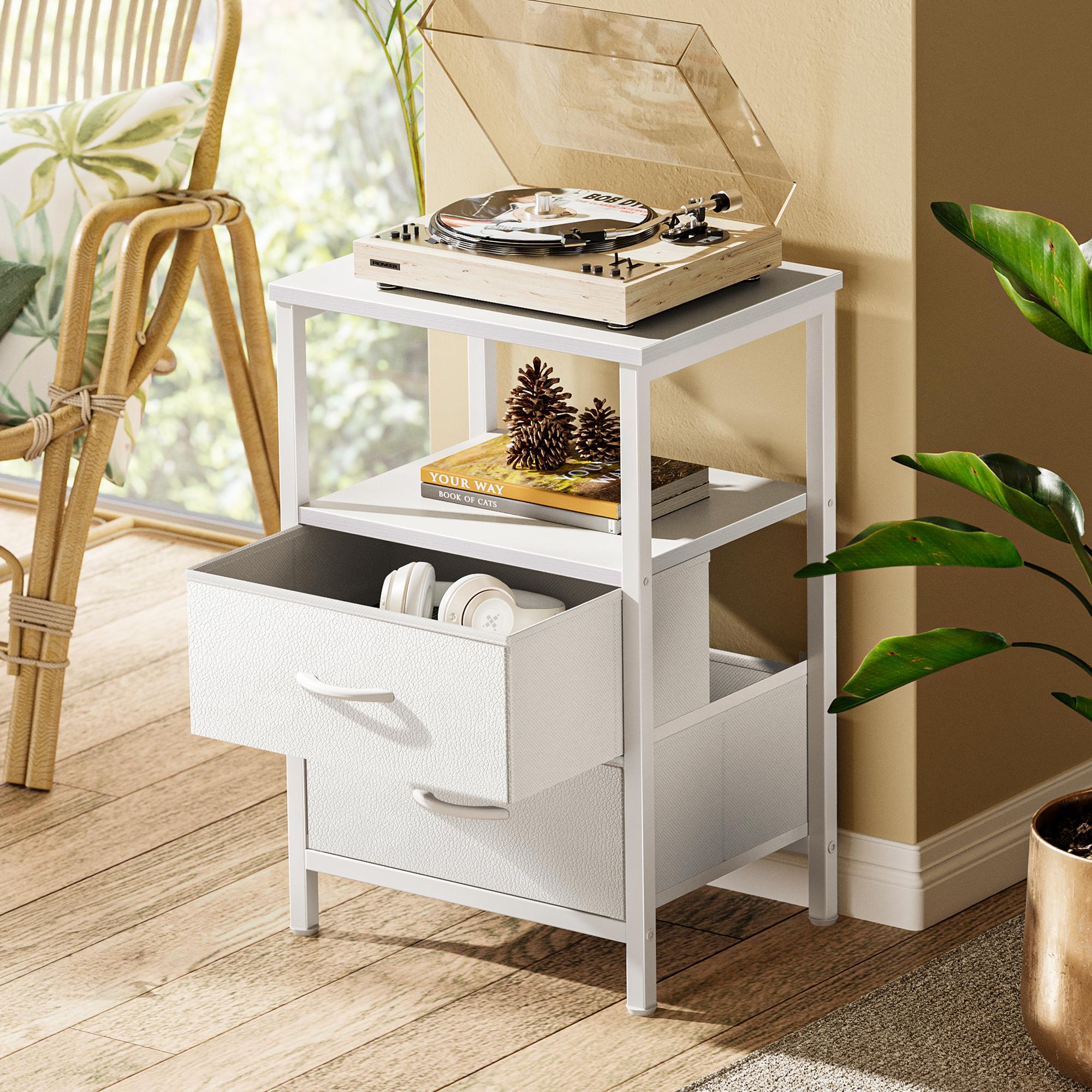 Huuger Night Stand with 2 Drawers, Bed Side Table with Open Shelf, Wooden Top, End Table for Small Space, Bedroom, Fabric Drawer