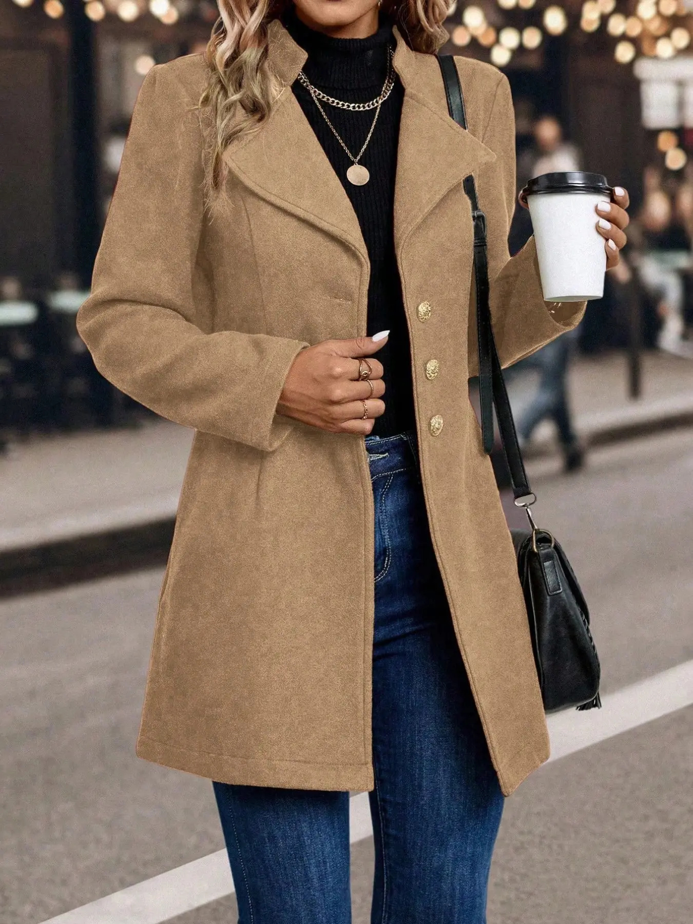 Elegant Lady Long Coat, Notched Lapel Single Button Outerwear, Chic Casual Jacket, Office Commute Wear, Fall Winter Fashion Item