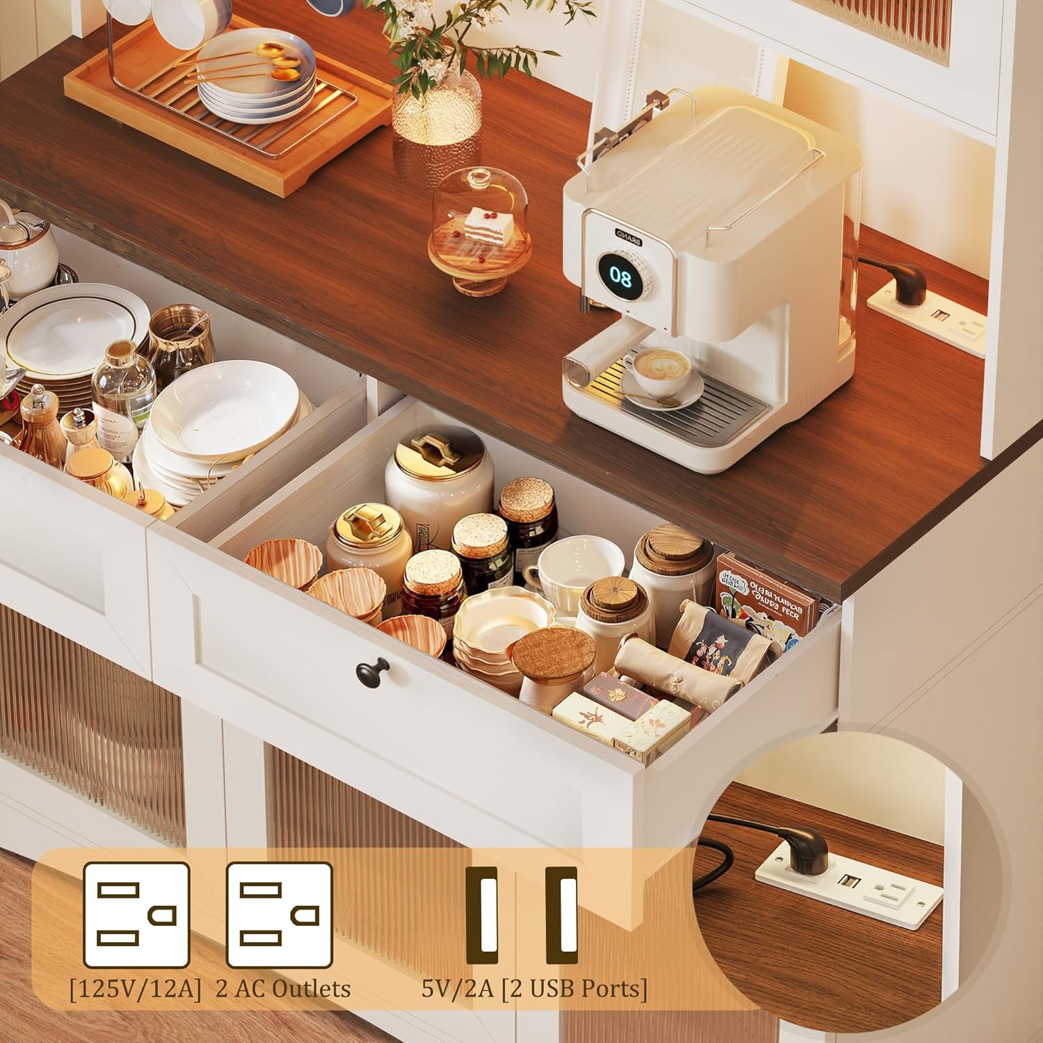 71" Kitchen Pantry Cabinet with Lights & Glass Doors, Pantry Storage Cabinet with Microwave Stand, Kitchen Hutch Food Cabinets with Charging Station, Adjustable Shelves, White