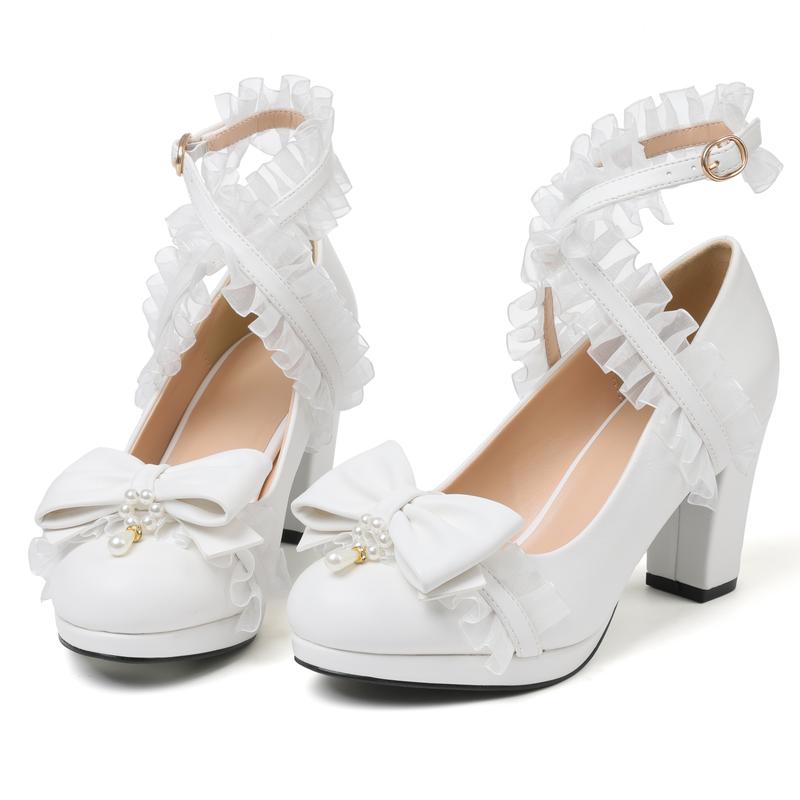 CYNLLIO Womes Chunky Block Heel Rounded Toe Cross Ruffle Ankle Strap Pearl Bow Kawaii Pumps Slip On Comfy Fashionable Wedding Party Cosplay Dating Casual Spring Mary Jane Shoes Valentine Gifts