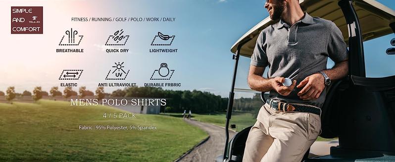 5 Pack  Mens Polo Shirts Quick Dry Short Sleeve Golf T Shirt Performance Moisture Wicking Casual Workout