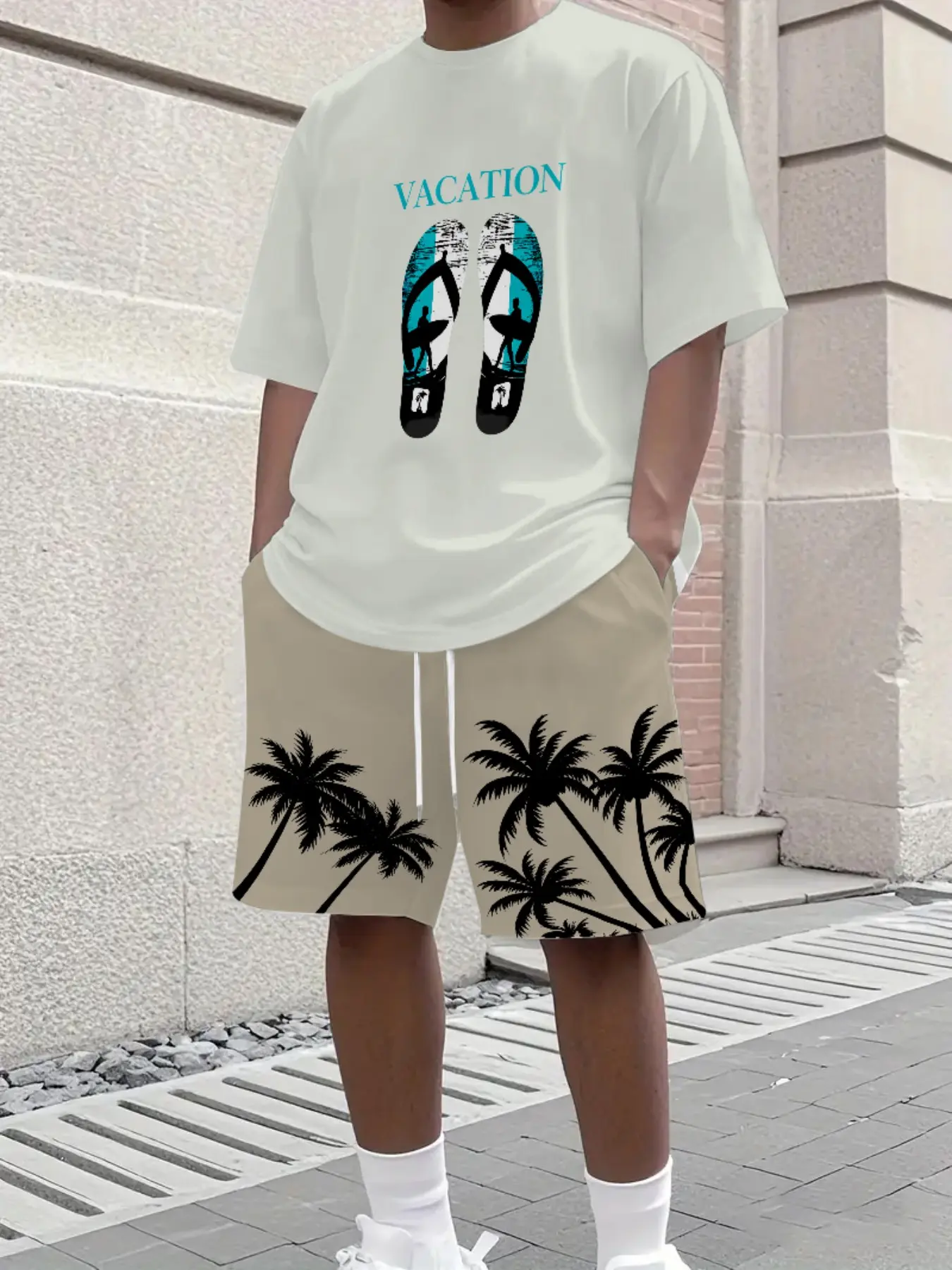 Men's Vacation Surf Print 2-Piece Set, Tropical Short Sleeve Tee + Palm Tree Drawstring Shorts, Summer Beach