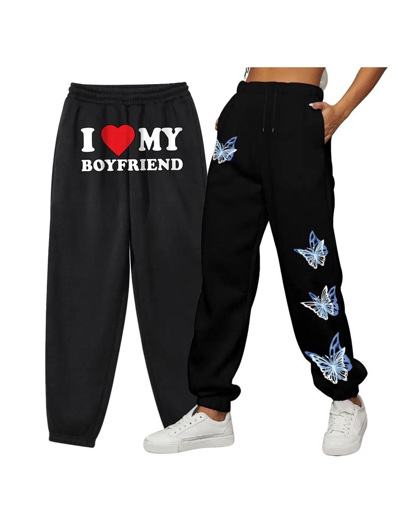 Women's Butterfly Print Drawstring Waist Sweatpants, Casual Pocket Jogger Pants For Spring & Fall, Women's Trousers For Daily Wear