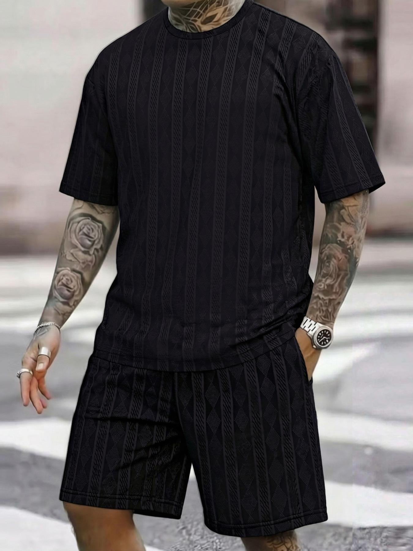 Men’s Streetwear 2-Piece Set – Soft Textured Knit Oversized Tee & Drawstring Shorts, Casual Summer Outfit