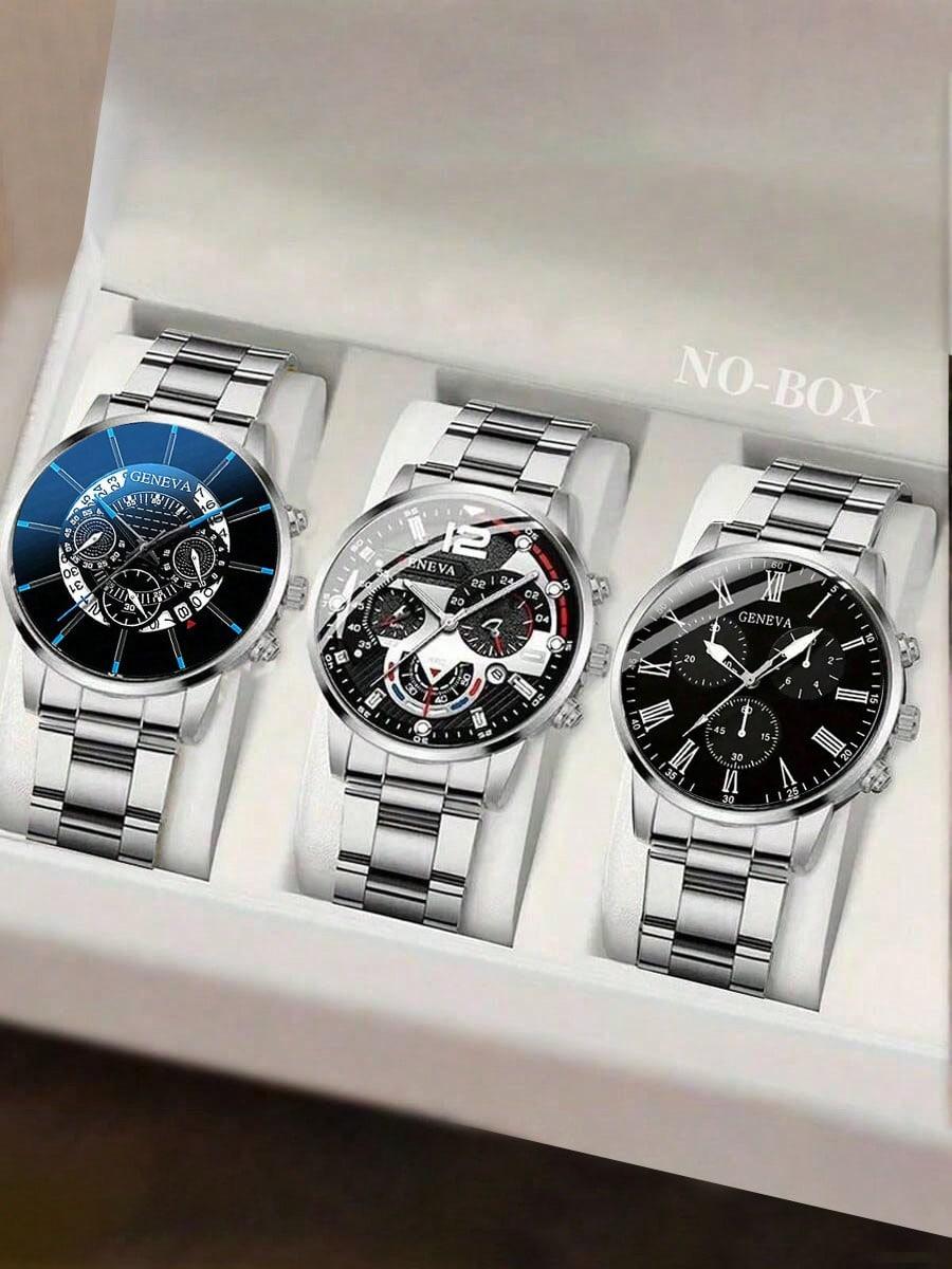 3PCS Men's Stainless Steel Strap Fashion Business Style Quartz Watch, Suitable For Daily Decoration, Holiday Gifts, Fashionable Stylish Watch
