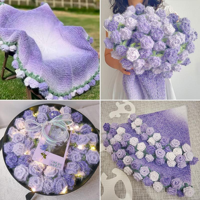 Hand Woven Knitted Tapestry Girls Women Crochet Rose Blanket Flower Bouquet Blanket New Year Birthday Valentine's Day Gifts