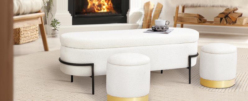 Vabches Modern White Storage Ottoman Bench With Metal Stand For Living Room