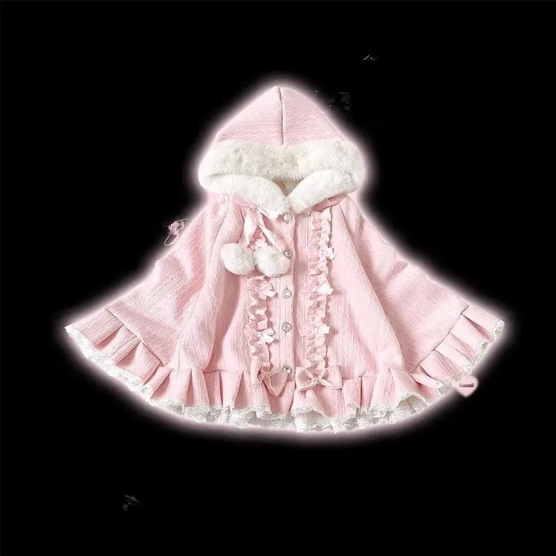 Japanese Viange Outerwear Clothing Warm Bow Ruffles Hooded Ponchos Lolita Style Sweet Kawaii Capes Coat Women Autumn Winter