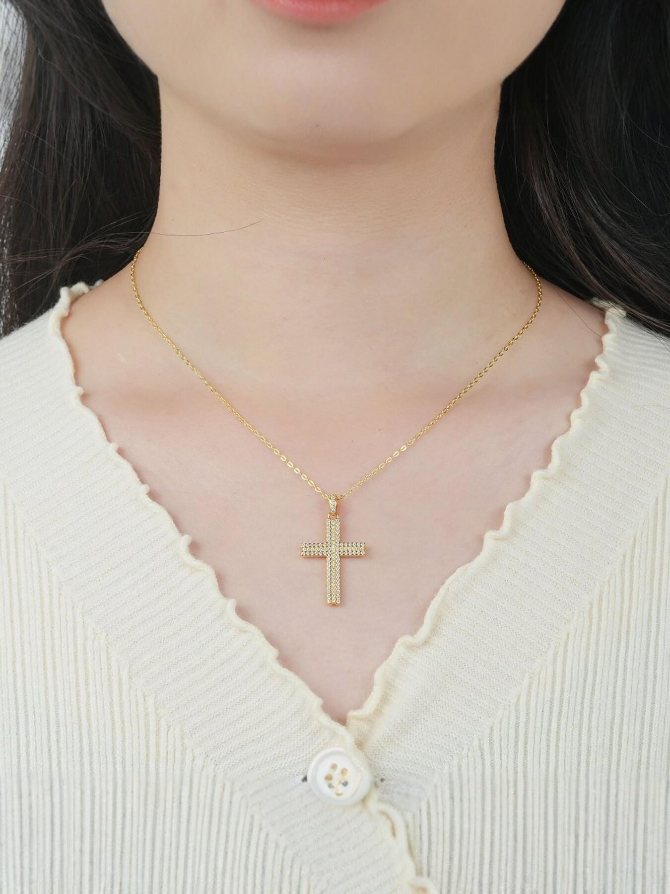 Double row diamond cross necklace, ice cut CZ diamond Christian cross pendant, 14K gold-plated hip-hop men's and women's religious jewelry, baptism confirmation gift