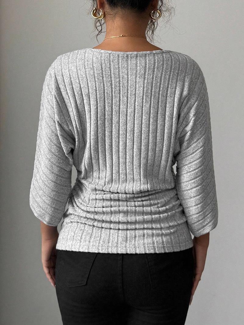 Women's 1pc Solid Color Ribbed Batwing Sleeve V-Neck Blouse Soft Stretchy Knit Fabric & Relaxed Batwing Sleeve Design & Vertical Ribbed Texture & V-Neck Silhouette & Curved Hem Detail，batwing shirts