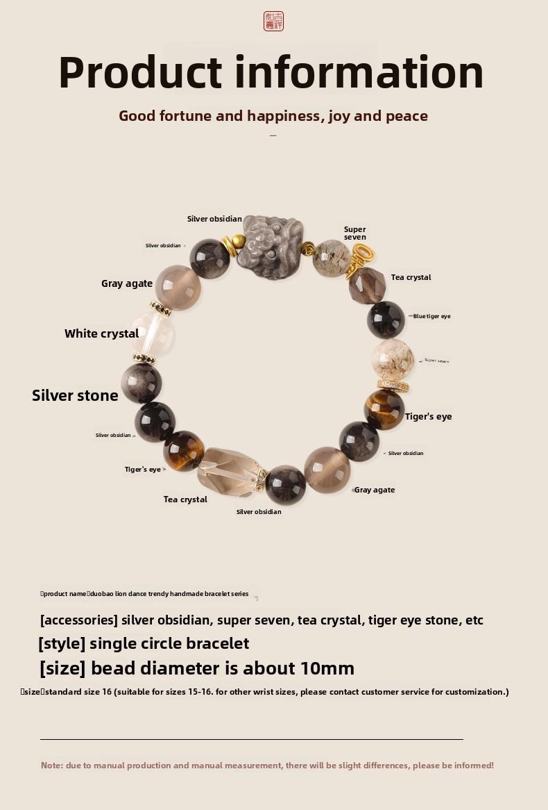 [Wealth Abundance] crystal bracelet, silver obsidian grey agate smoky quartz super seven tiger eye white crystal, unisex, daily wear gift, 10mm beads, natural stone lion ornament gold accents, wealth blessing abundance symbol
