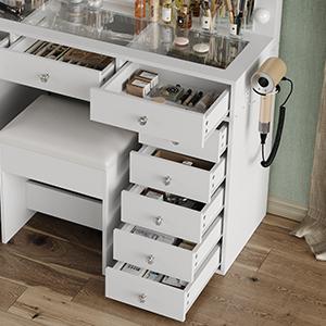 FUSOU 47''W 13 Drawers Vanity Desk, Makeup Vanity with Power Outlet, Vanity Table with Mirror and 12 LED Bulbs, 3 Color Lighting Modes, Glass Top, Dressing Table for Bedroom FUSOU 47''W 13 Drawers Vanity Desk, Makeup Vanity with Power Outlet, Vanity Table with Mirror and 12 LED Bulbs, 3 Color Lighting Modes, Glass Top, Dressing Table for Bedroom