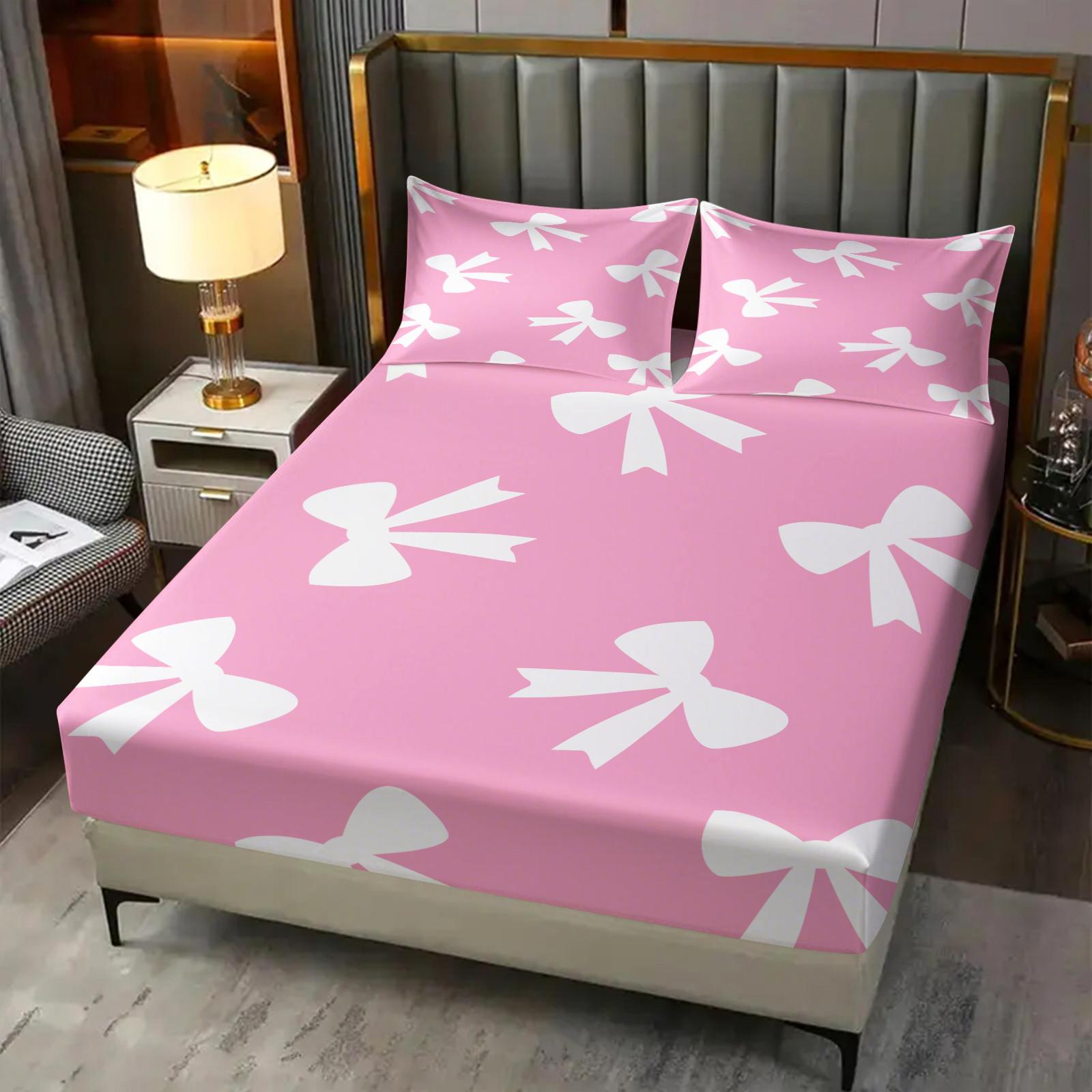 3Pcs Minimalist Bow Print Fitted Sheet Set, Cute Heart-Accented Bed Sheets for Bedroom, Warm Gift for Girls and Women