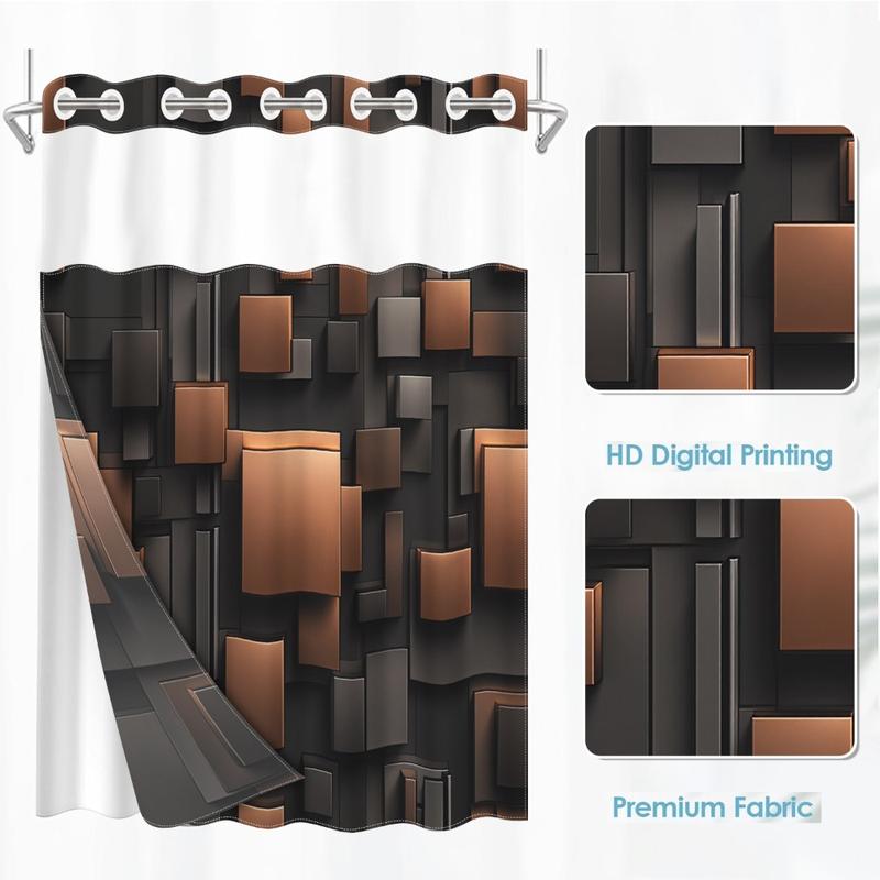 1pc hookless shower curtain with buckle lining, brown and black geometric square patchwork design, 2D flat printing, fabric waterproof lining, see-through double-layer shower curtain, 71 x 74 inches, modern home draping curtain.