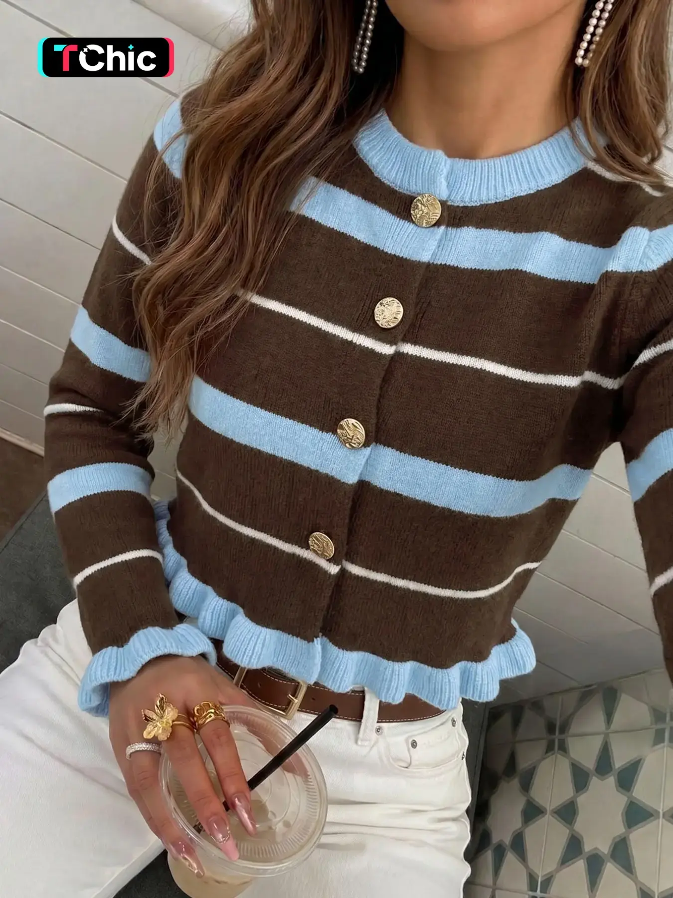 Women's Casual Elegant Striped Colorblock Cardigan, Perfect for Dates and Daily Wear, Stylish Button Front Knit Outerwear, Fall & Winter Clothes