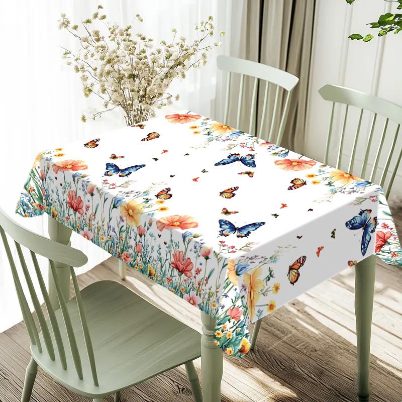 Rectangular Tablecloth Spring Summer Watercolor Flower Butterfly Pattern, Kitchen Decor, Wedding Party Garden Outdoor Picnic Cloth