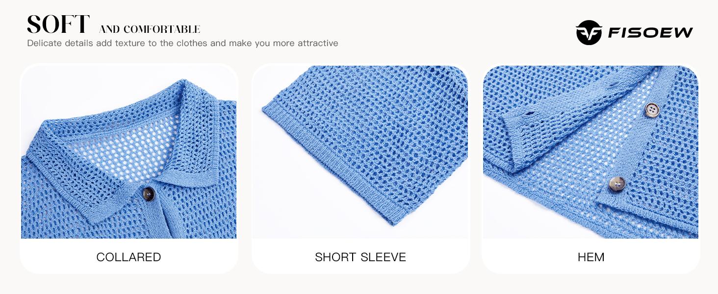 FISOEW Womens Crochet Lightweight Cardigan Sweaters Short Sleeve Summer Button Down Collared Loose Cover Up Shirts Tops Jeans