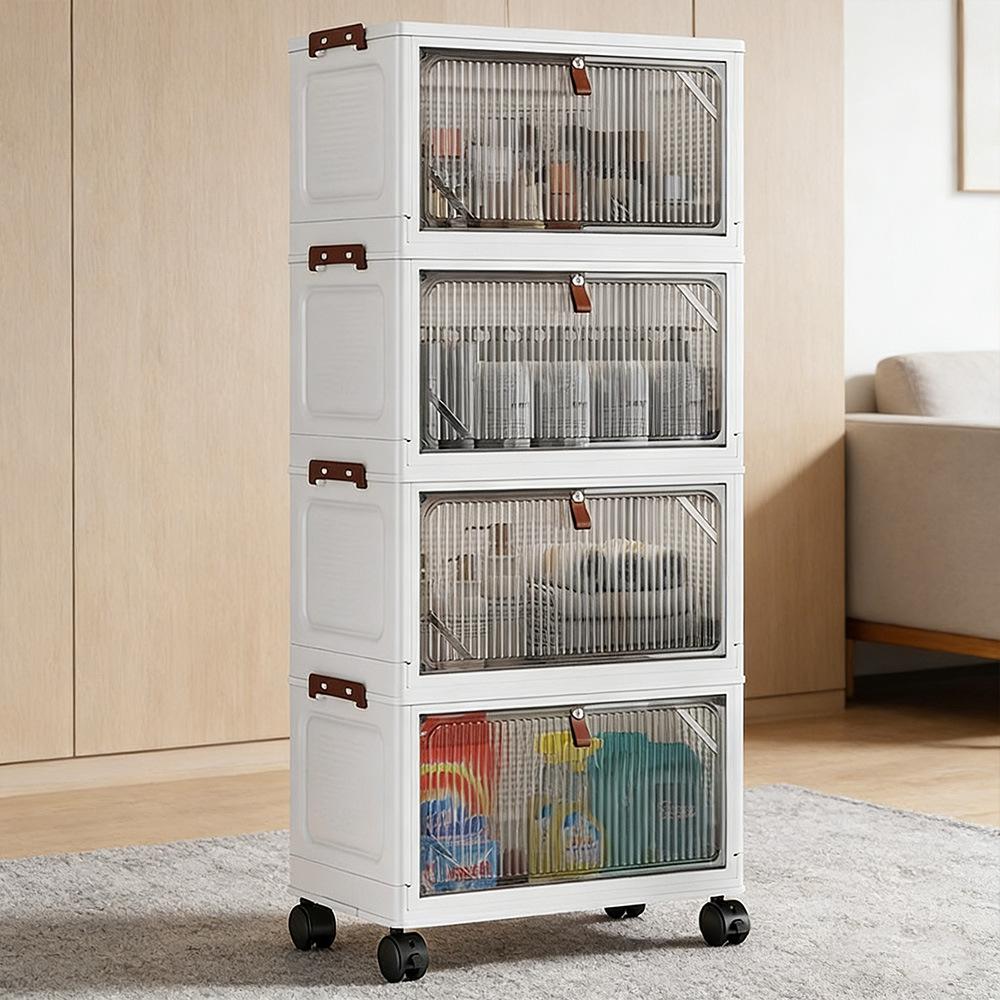 The latest multi-layer stackable transparent door storage cabinet, foldable plastic storage drawers with rollers, space-saving wardrobe storage supplies, suitable for kitchens, bedrooms, bathrooms