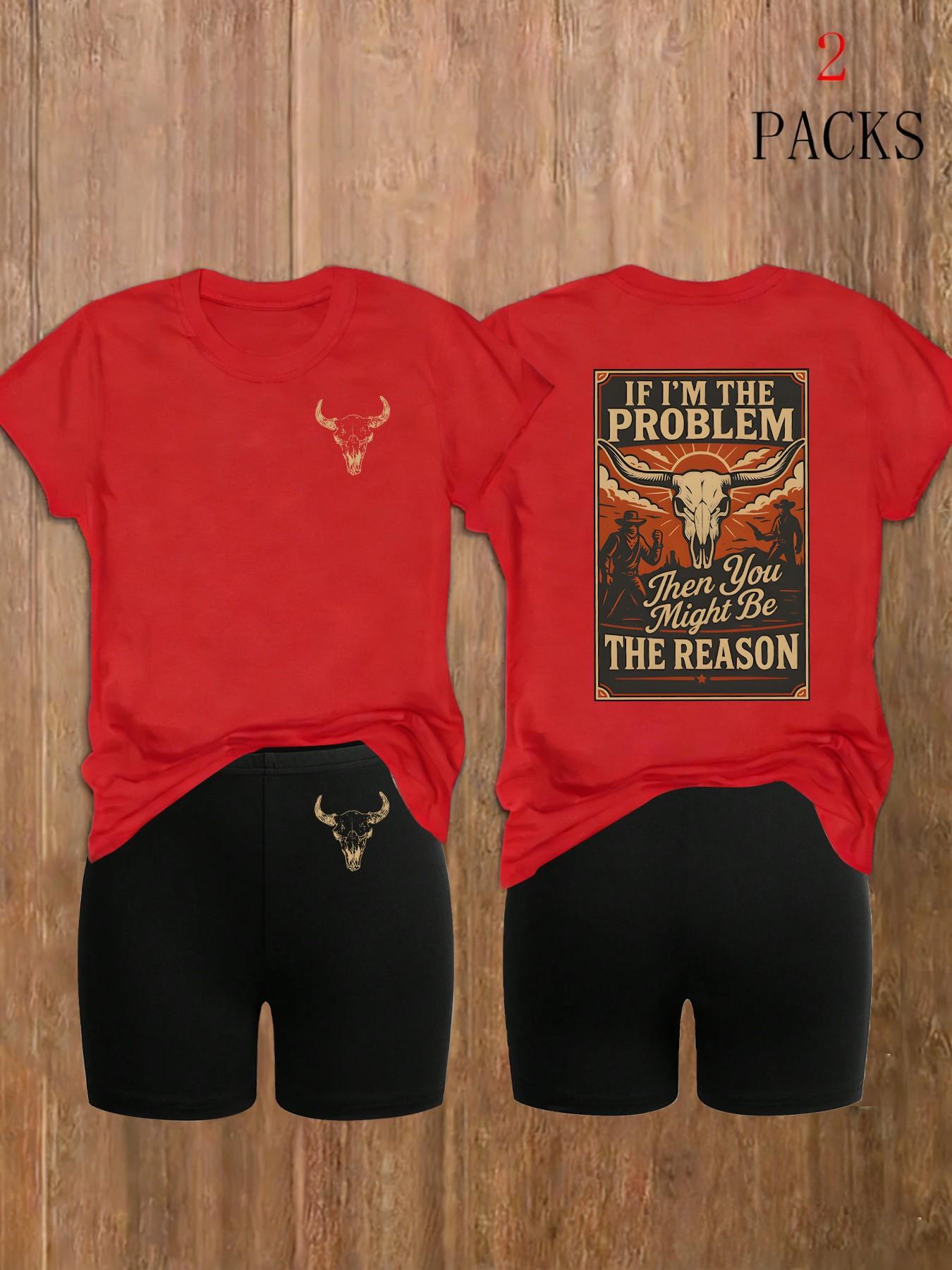 Women's 2-Pack Western Bull Print Short Sleeve T-Shirt & Camo Shorts Set, Soft Casual Fabric, Daily Streetwear Loungewear, Black Beige Pink White Purple Red Multi-Color Options