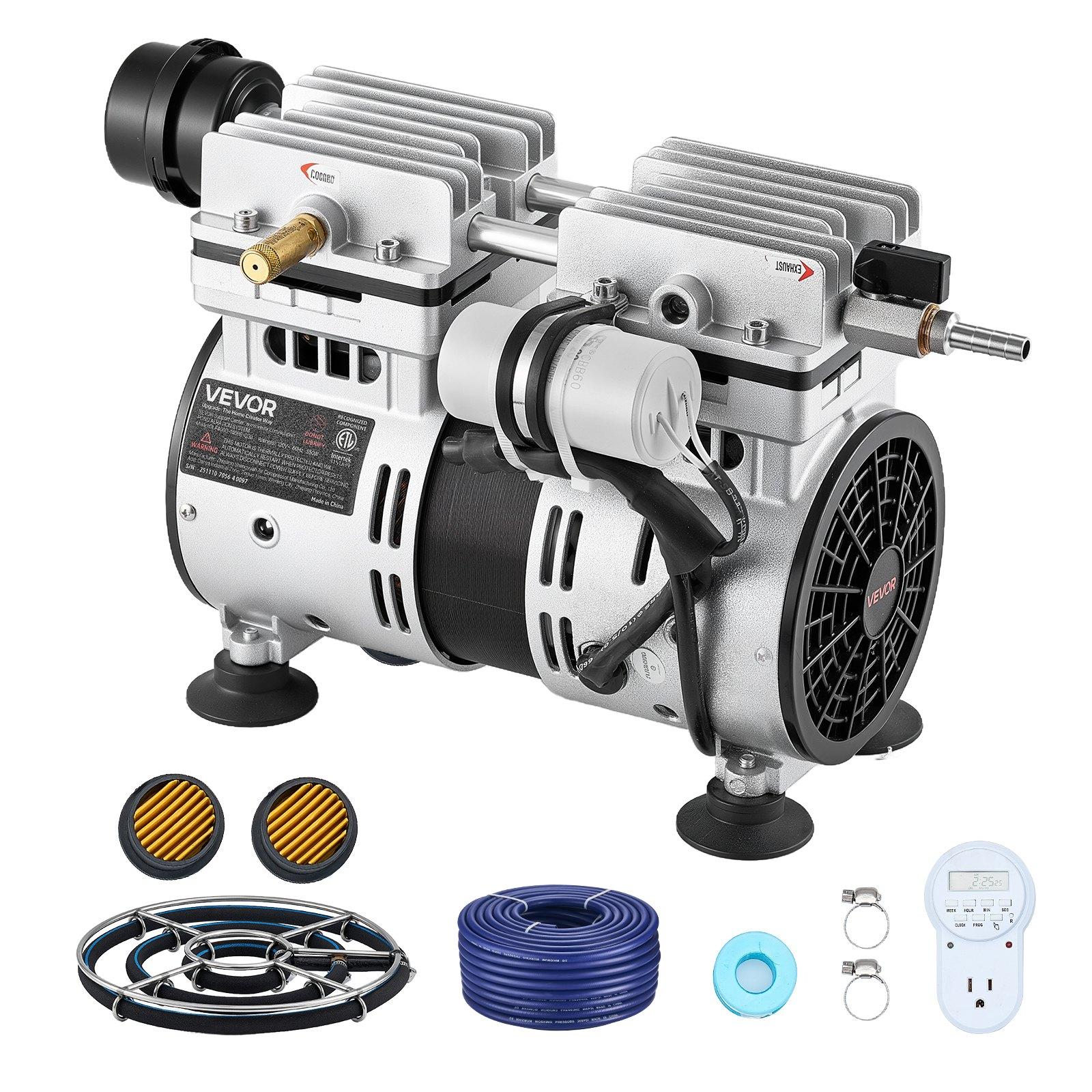 VEVOR Pond Aerator System, 3/4 HP Air Compressor (5.2CFM), 1 Diffuser, 100' Weighted Tubings, Deep Water Oxygen Boost Pump for Max 3-Acre Outdoor Lakes