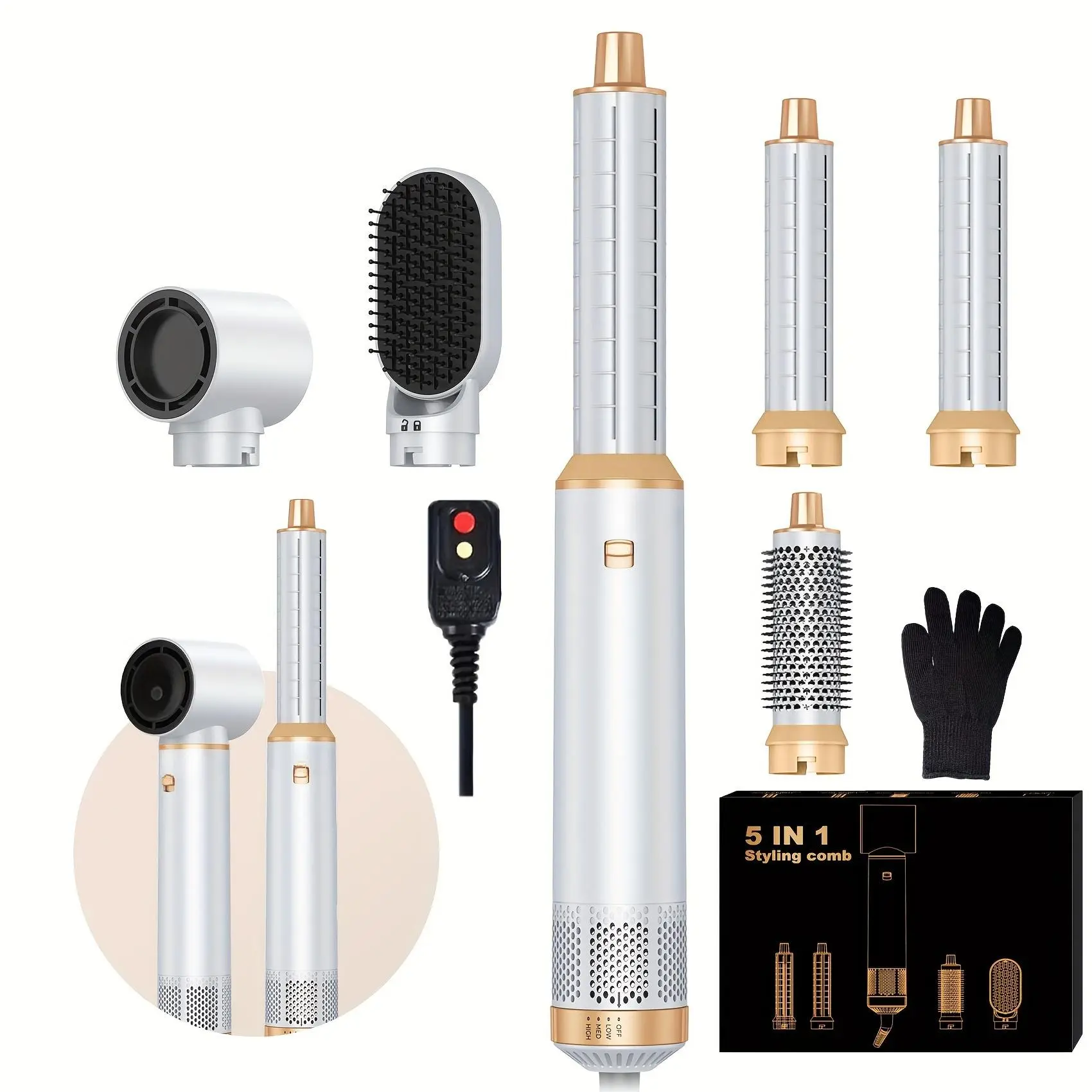 Hair Styler 5 in 1, 800 W Hairstyler Airstyler Hair Styling Devices, Round Brush Dryer Ion Air Curling Iron, for Hair Volume, Drying, Straightening, No Heat Damage, Hair Dryer Brush Set