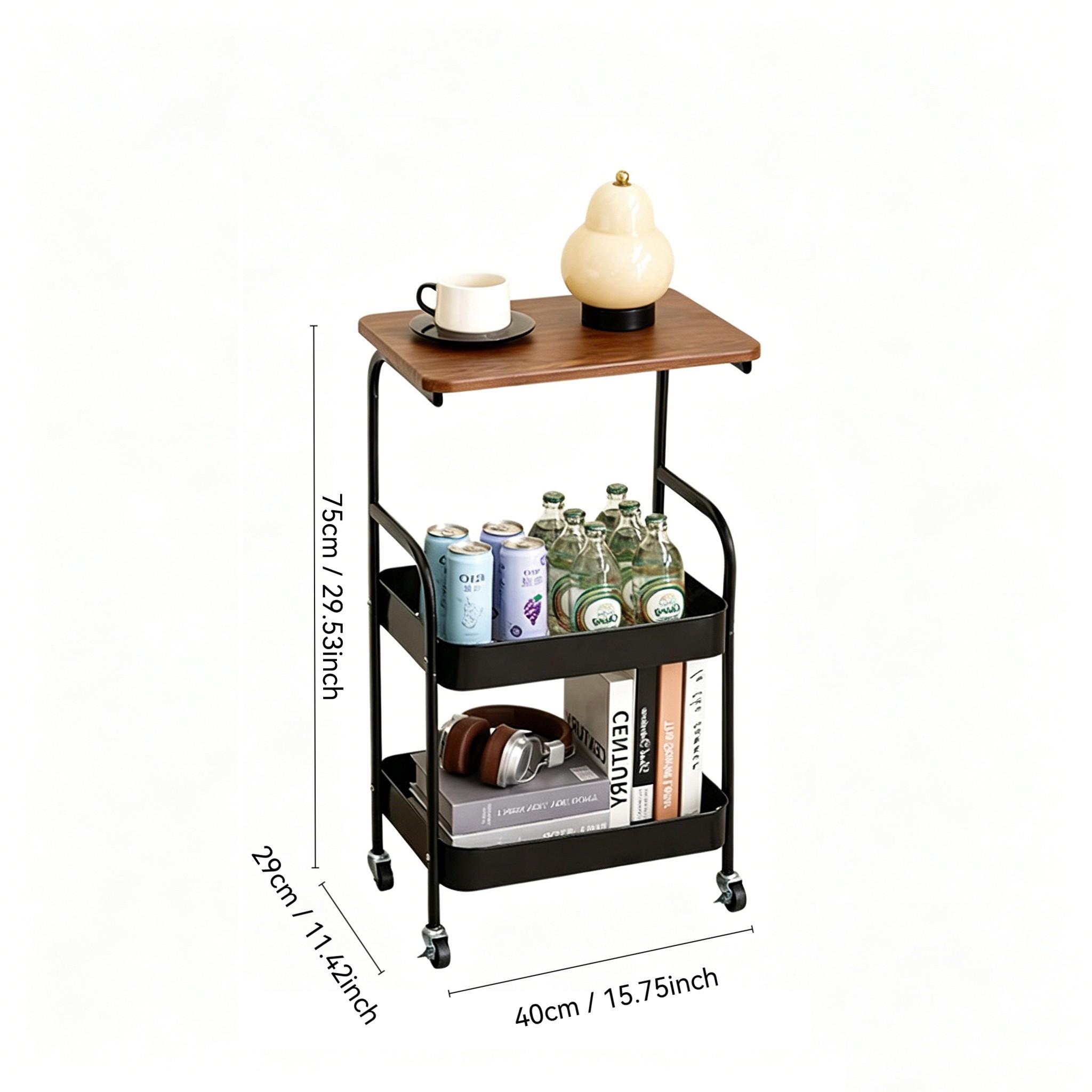 Three-Tier Rolling Cart with Desktop, Storage Shelf, Metal Frame, Portable Wheels, Durable Carbon Steel, Home or Office Use