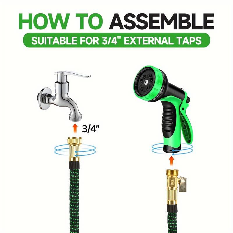 Flexible Garden Hose 75/100ft 3X Stronger Deluxe Expandable Green Polyester Fiber with 10 Functions Nozzle 3/4" Solid Brass Fittings Foldable for Outdoor Gardening Car Cleaning