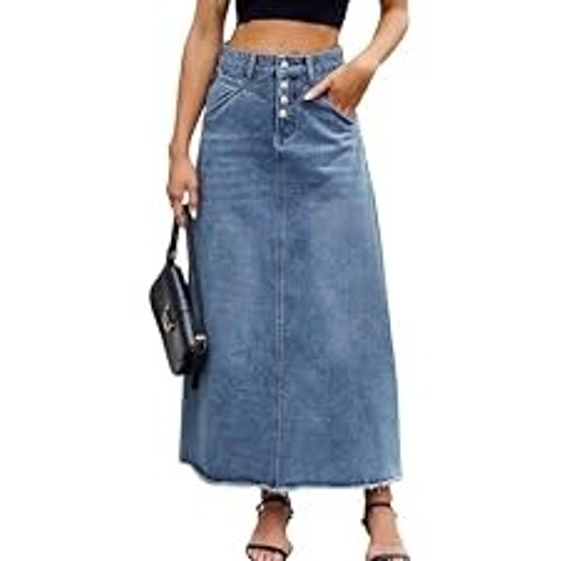 ebossy Women's Retro Distressed High-Waist Frayed-Hem Flared A-Line Patchwork Maxi Denim Skirt with Pockets, Buttons, Zipper - Casual Hippie Bottoms for Birthday, Party (Gift)