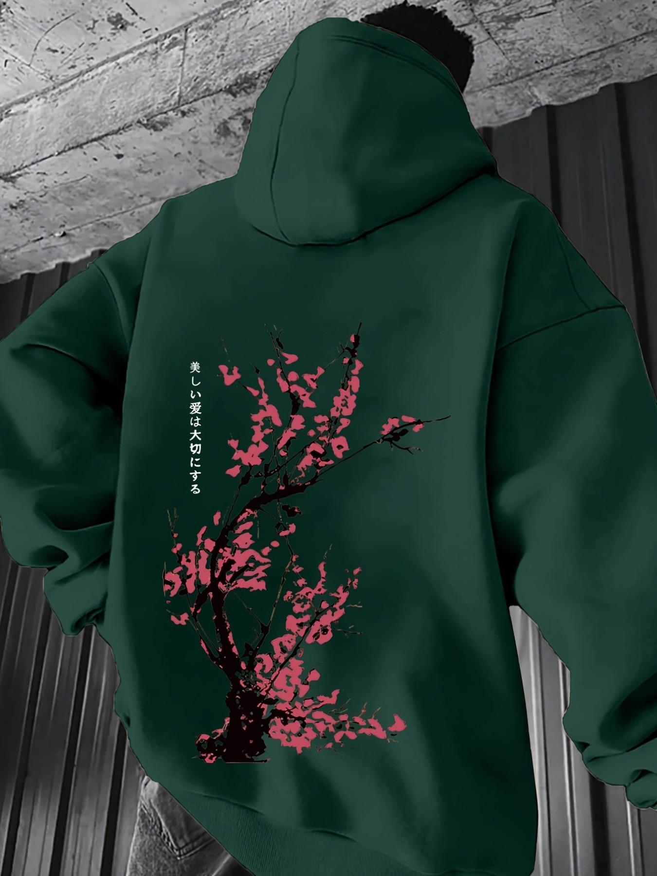 Unisex Japanese Style Cherry Blossom Ink Floral Graphic Print Hoodie, Long Sleeve Casual Loose Fitted Warm Couple Sweatshirt for Fall & Winter
