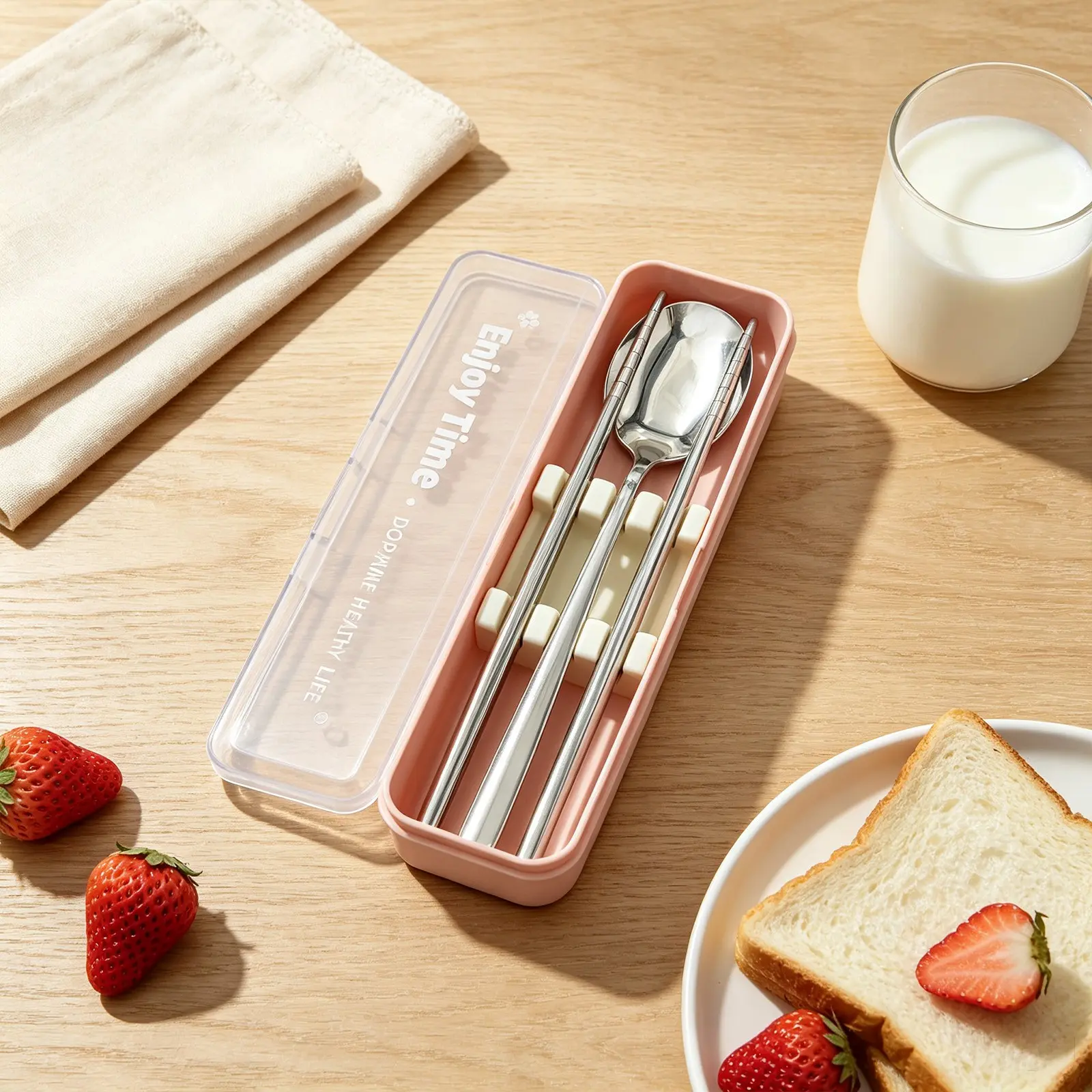 2-piece silver 304 stainless steel portable cutlery set, spoon/chopsticks combo with storage case, perfect for daily home use, travel, or for students and office workers in various everyday situations
