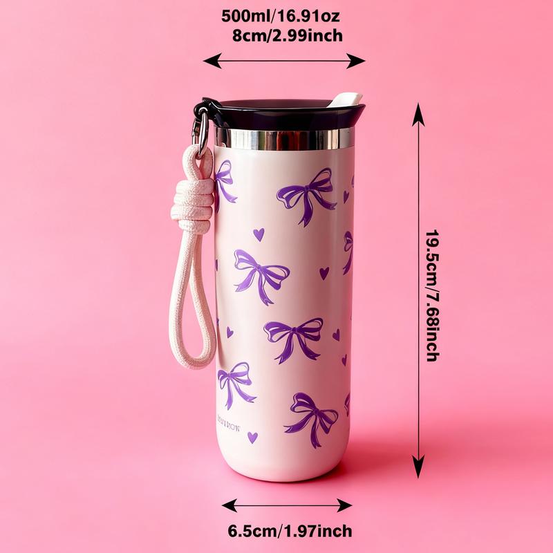 500ML Double-Layer Stainless Steel Insulated Travel Mug with Bow Pattern, Perfect Travel Cup for Home Office School & Car, Great Gift for Christmas Mother's Day Valentine's Day, Insulated Tumbler