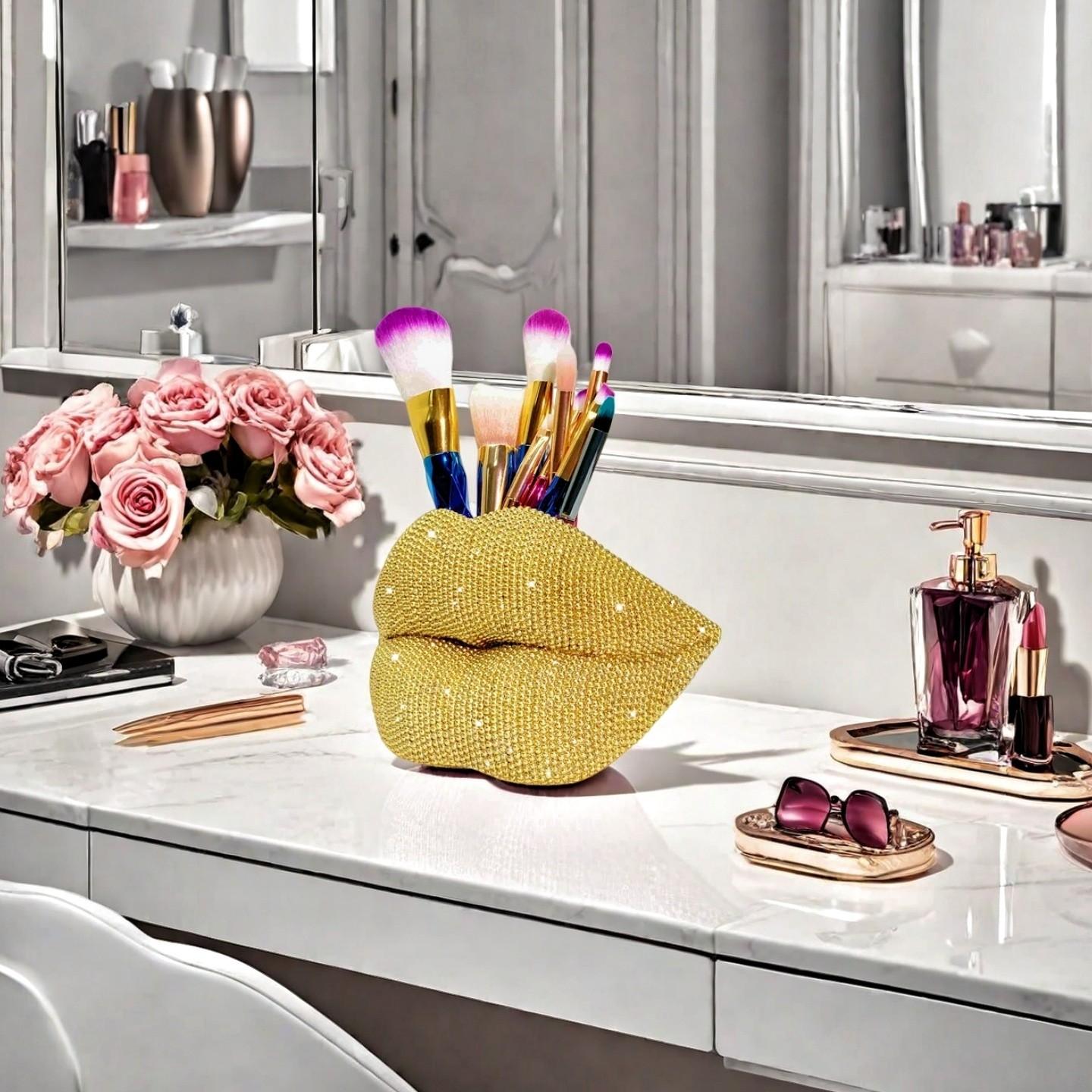 Sexy Lip Statue Ornament, Shimmering Storage Decor, Luxury Makeup Brush Holder, Ideal for Vanity, Bathroom, Christmas Gift
