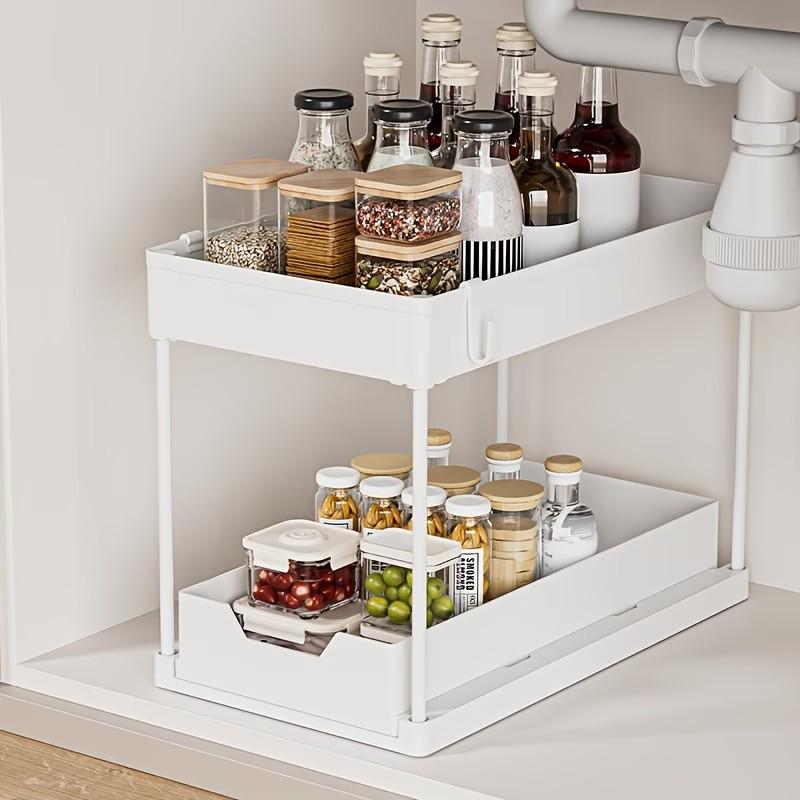 Double Layer Pull-Out Sink Shelf with Hooks, Kitchen Bathroom Storage Basket, Multi-Functional Organizer Rack, Space-Saving Design