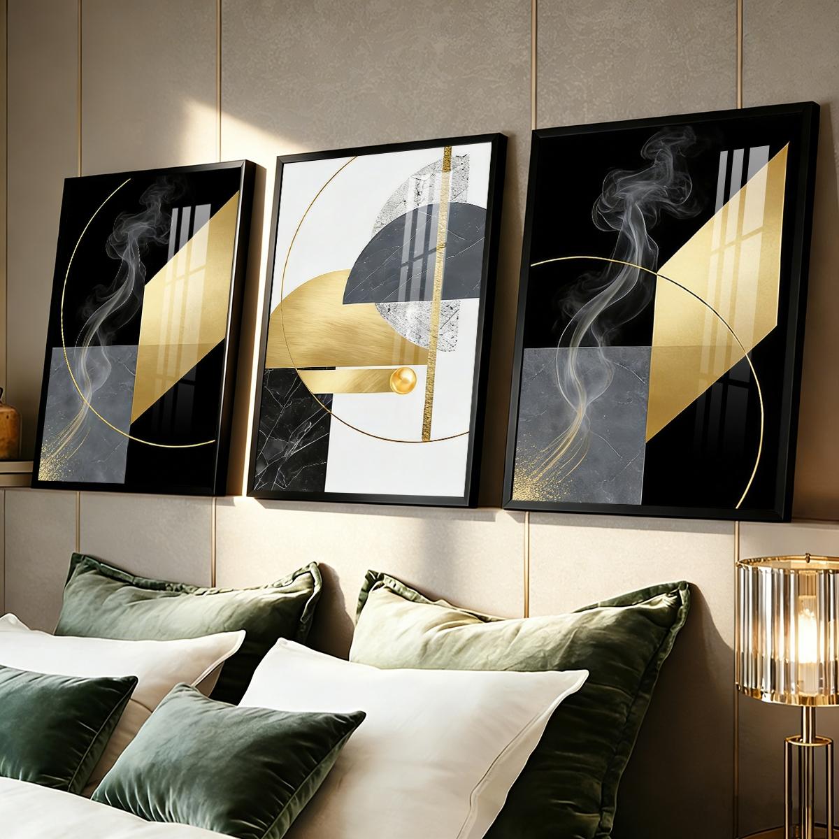 3 Counts Aluminum Alloy Framed Painting, Abstract Geometric Gold And Black Art Pictures, Home Decoration For Living Room, Bedroom, Office, Restaurant, Hallway Wall Decor, Odorless Print Artwork, Luxury Perfect Gift For Friends And Family