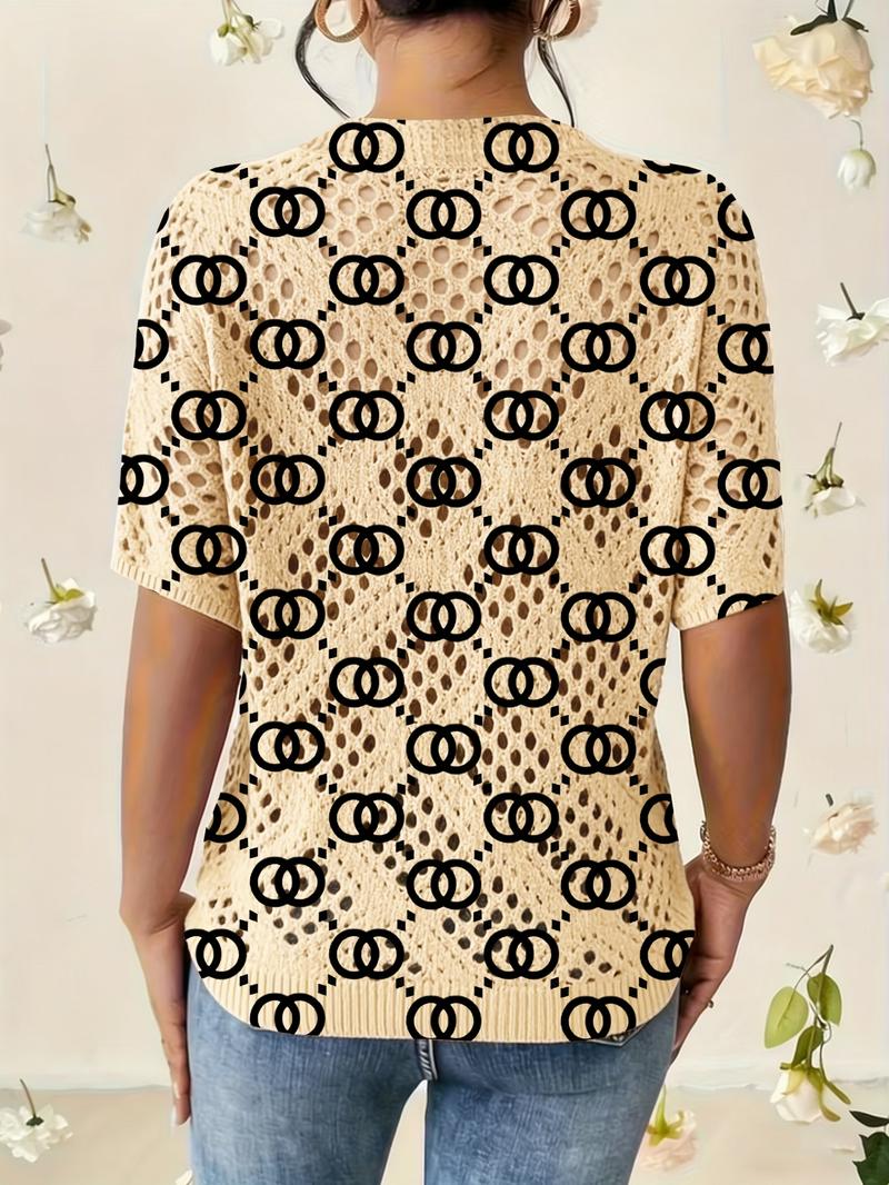 Women's Geometric Print Round Neck Sweater, Fall Winter Casual Batwing Short Sleeve Knitwear, Comfortable Warm Fitted Top