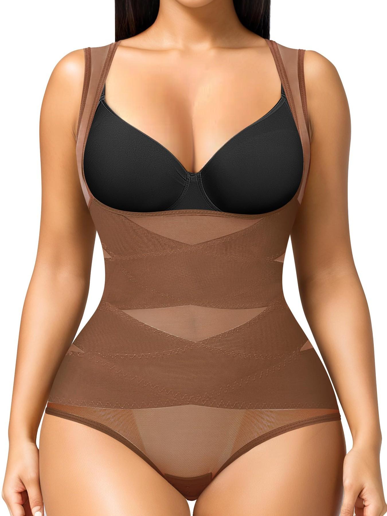 Women's High Elastic Breathable Mesh Cross Waist Shapewear, Lightweight Belly Control Corset, Classic Round Neck Chest Support One-Piece