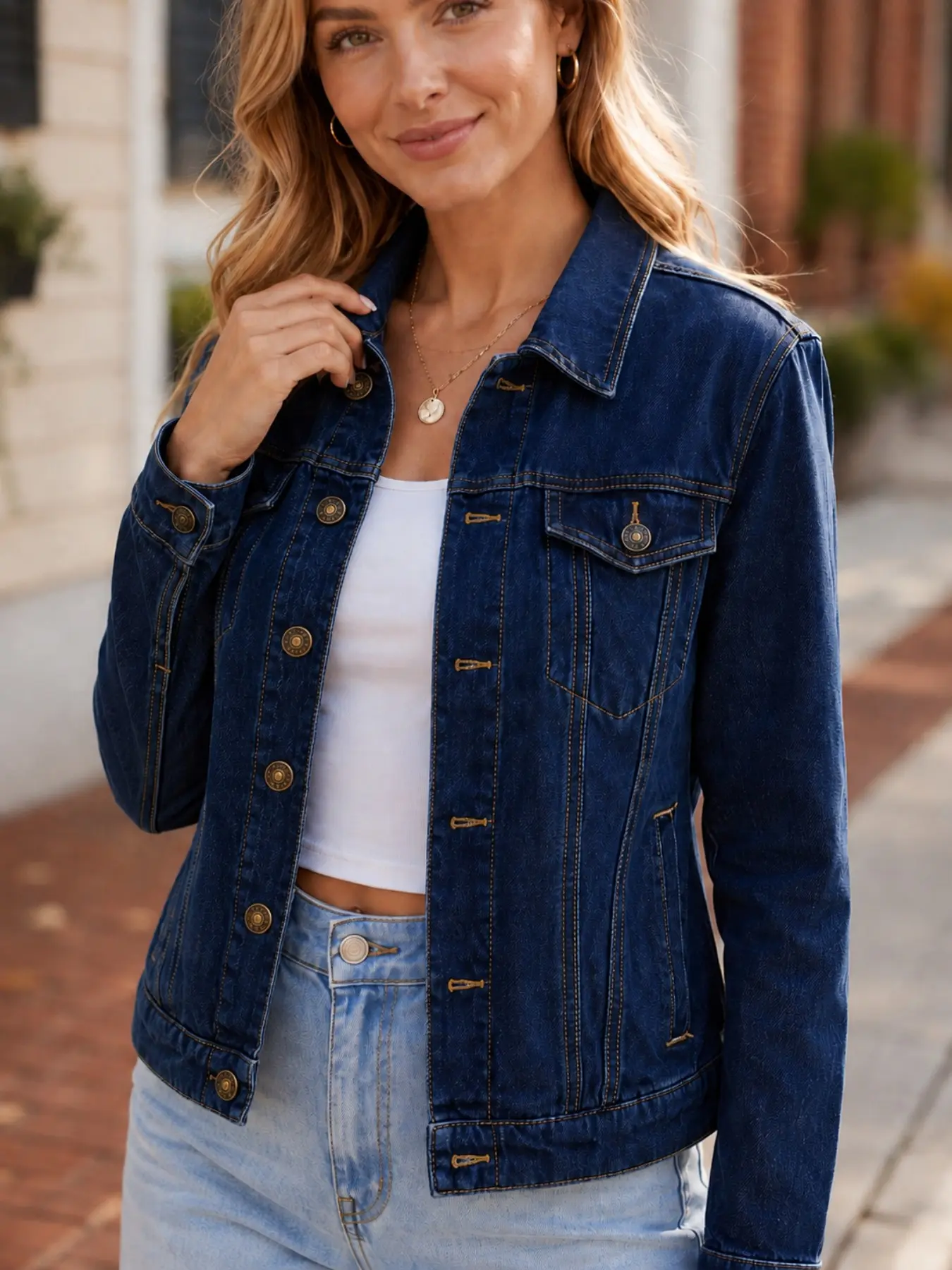 Women's Deep Blue Slim Fit Denim Jacket, Fall Stand Collar Button Closure, Classic Washed Denim Coat, Bohemian Style Outerwear
